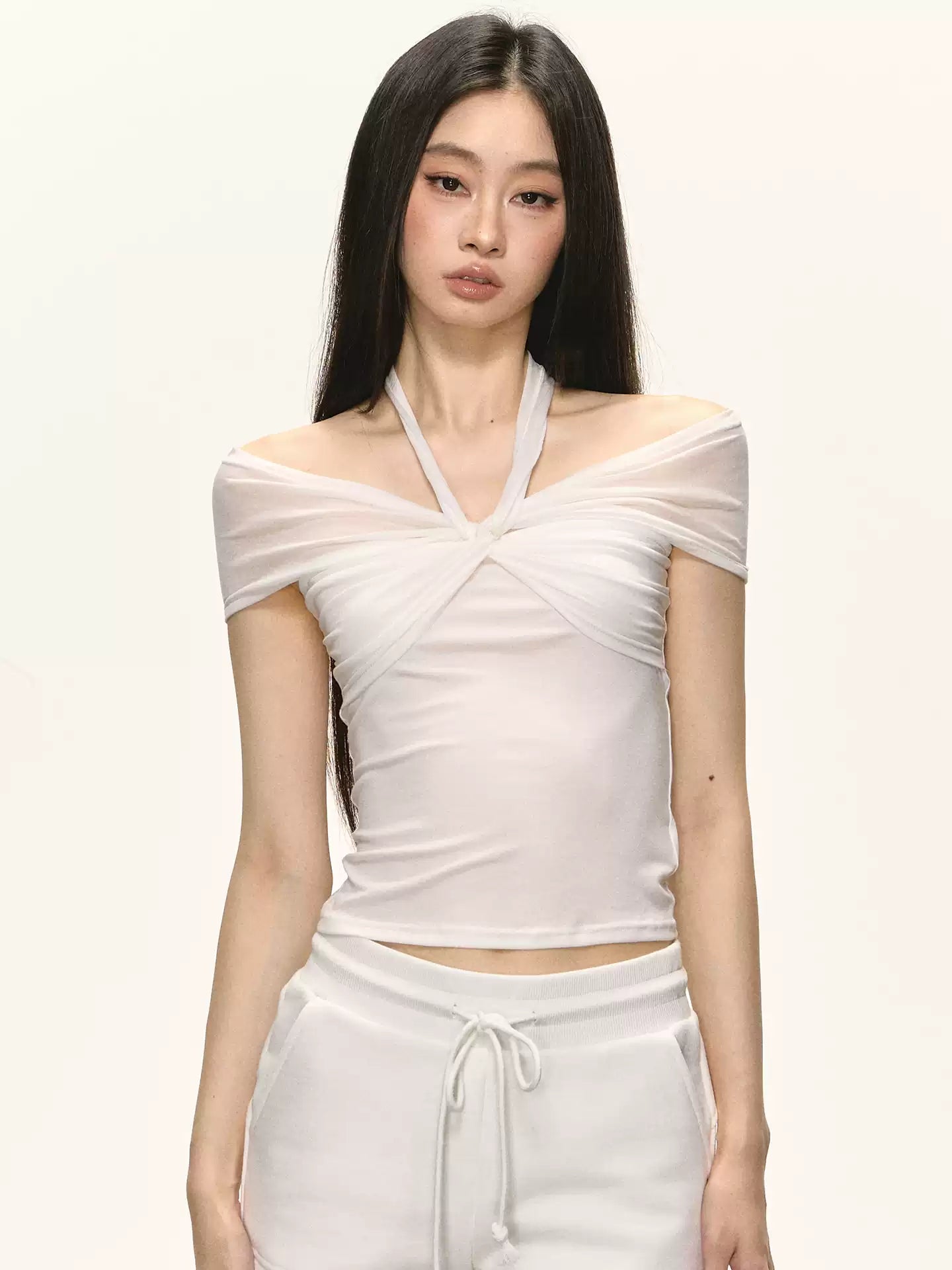 Sheer Off-Shoulder Twist Front Top with Scarf Detail
