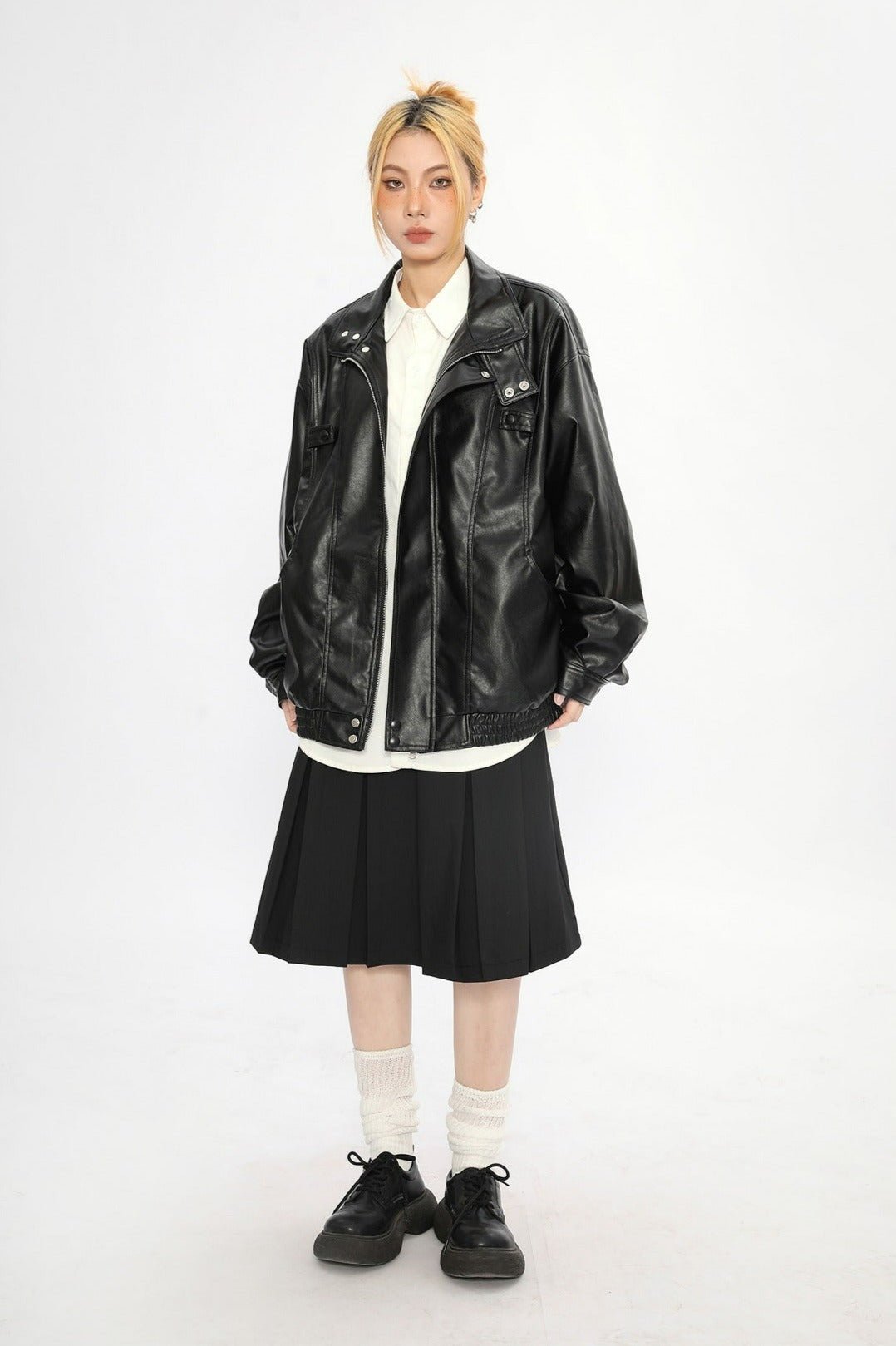 Fold Over Collar Faux Leather Jacket