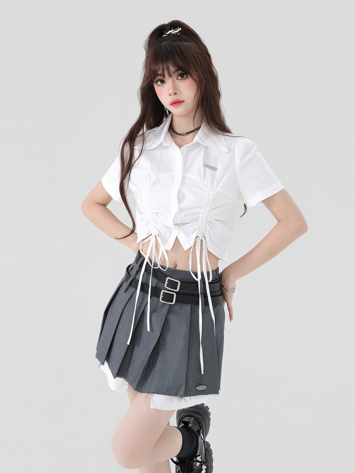 Double Belt Pleated Mini Skirt