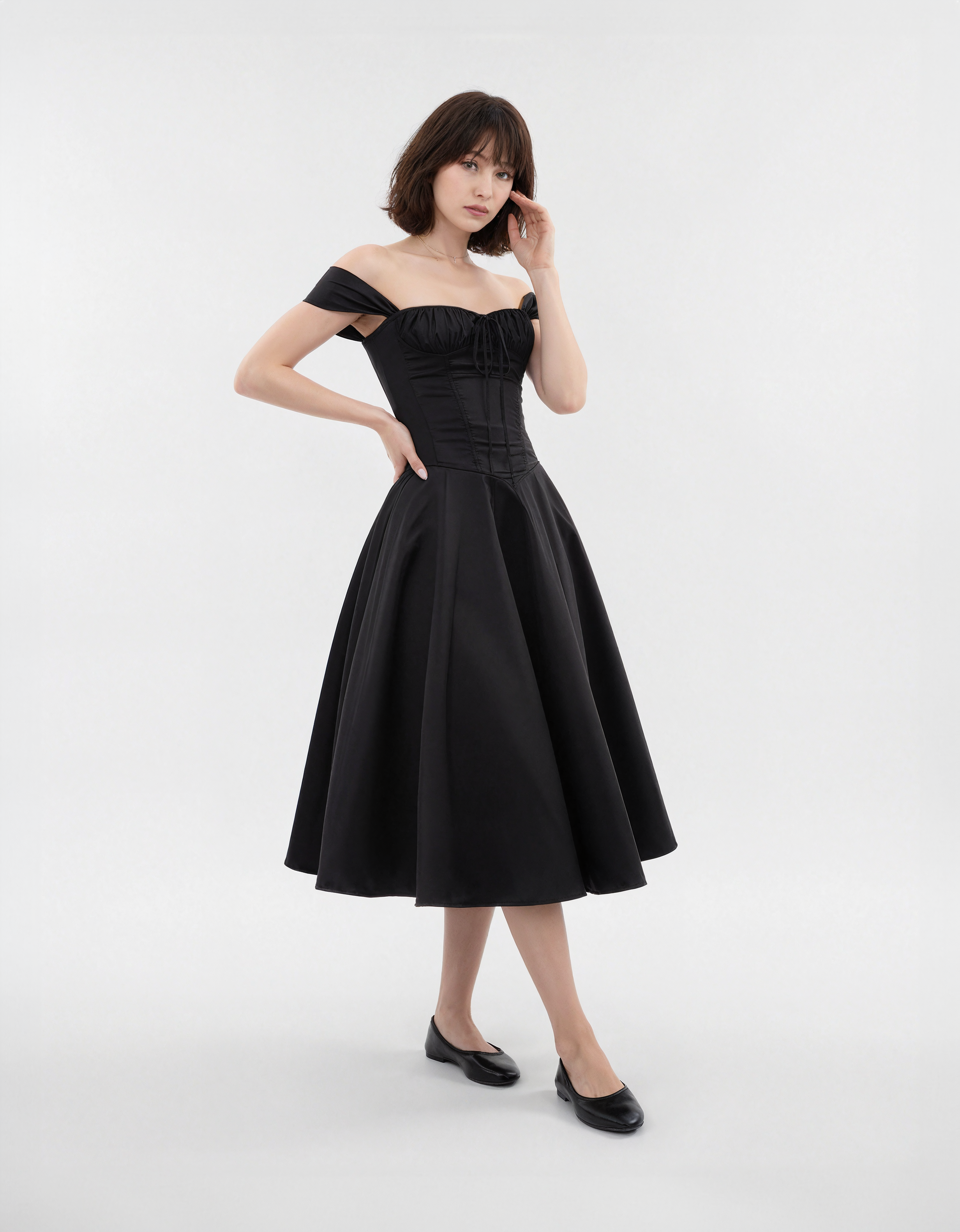 Off-Shoulder Corset Tea-Length Midi Dress