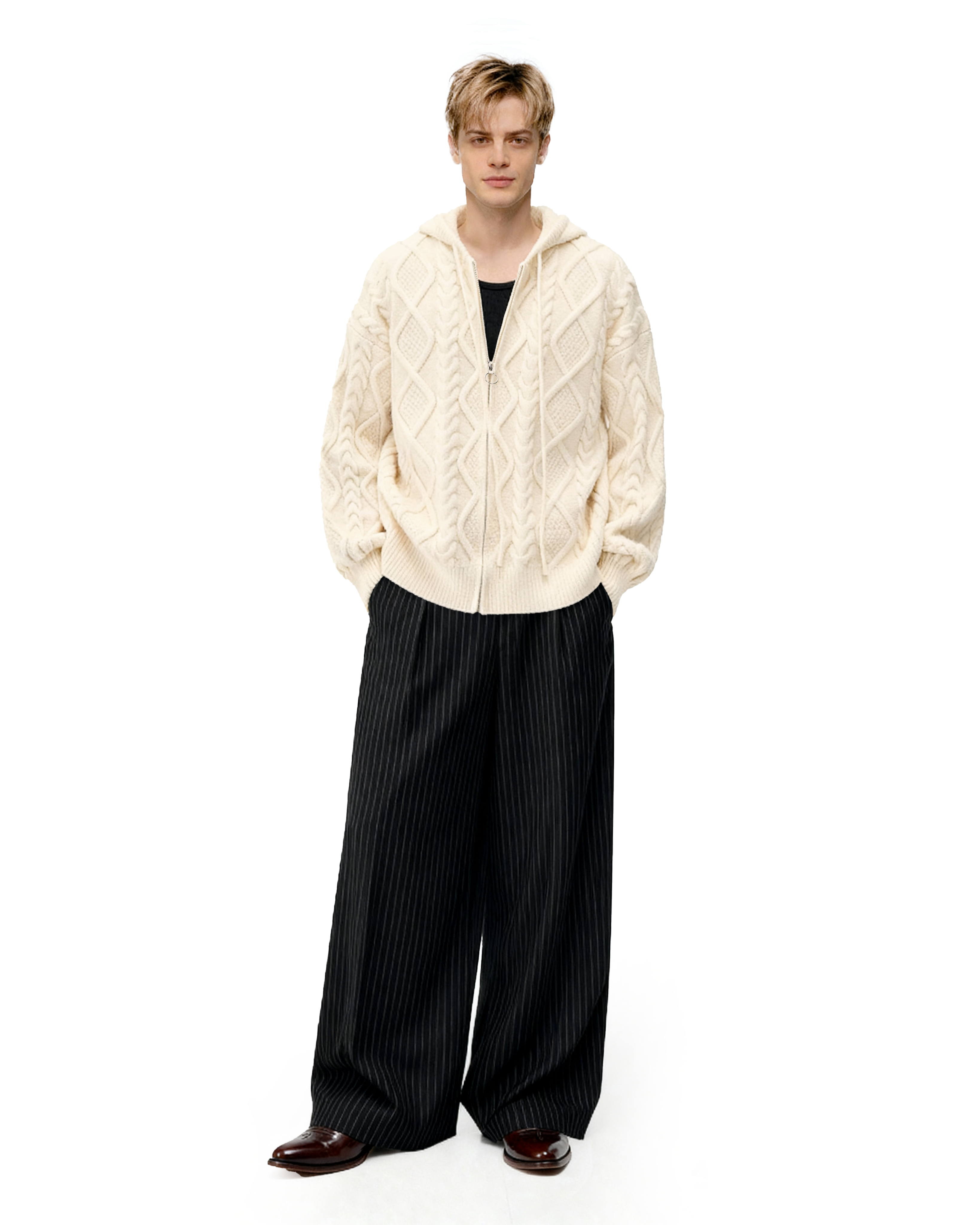 Cable Knit Hooded Zip Jacket with Pockets-9