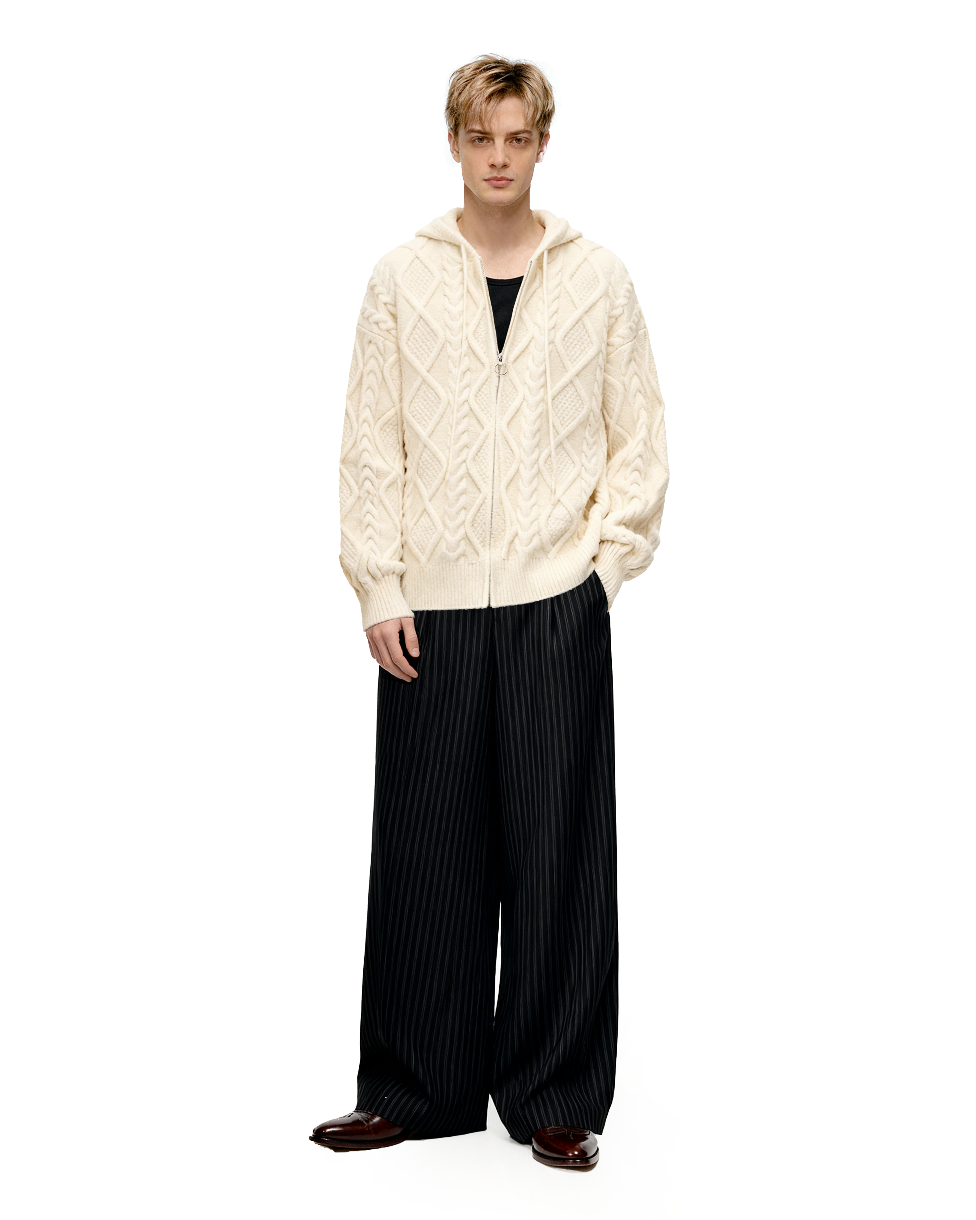 Cable Knit Hooded Zip Jacket with Pockets-10