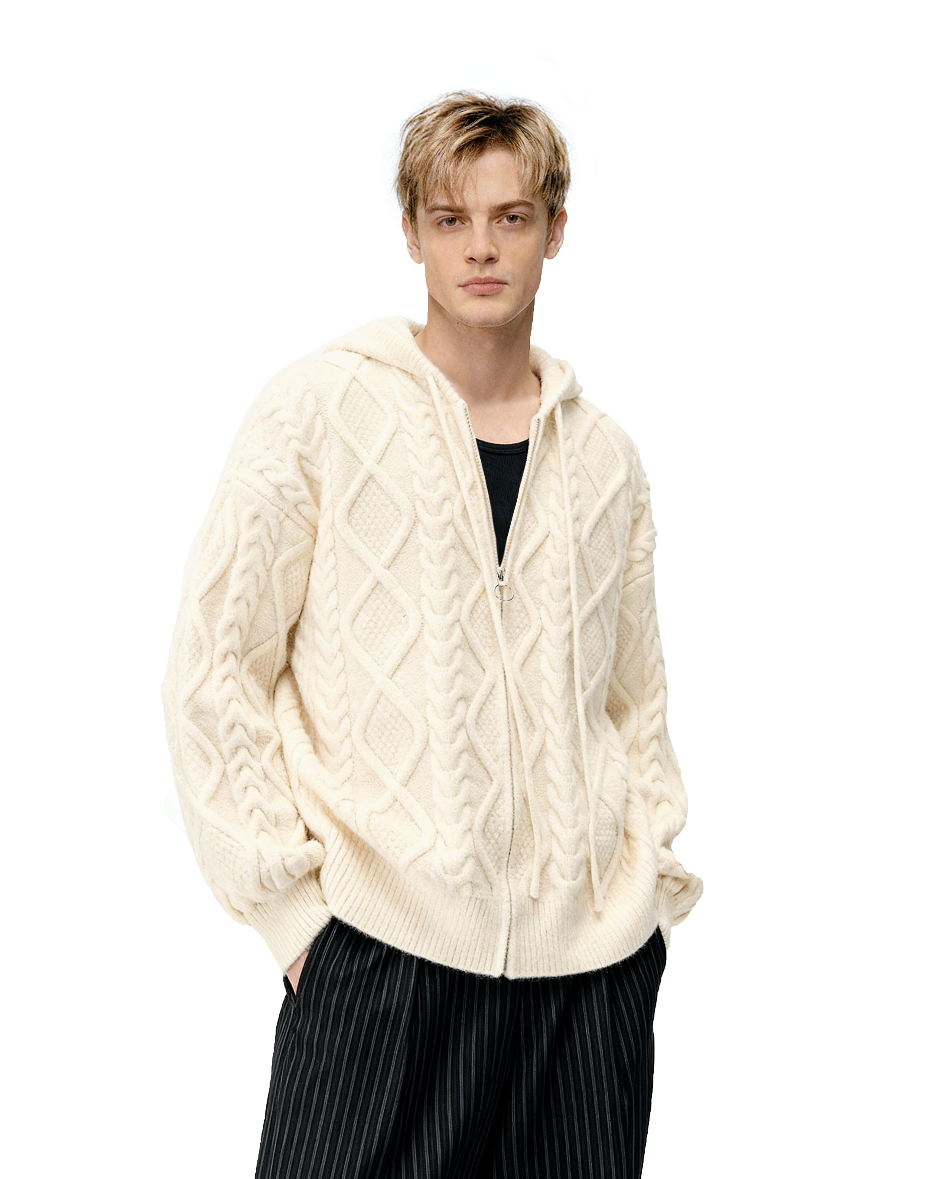 Cable Knit Hooded Zip Jacket with Pockets-8