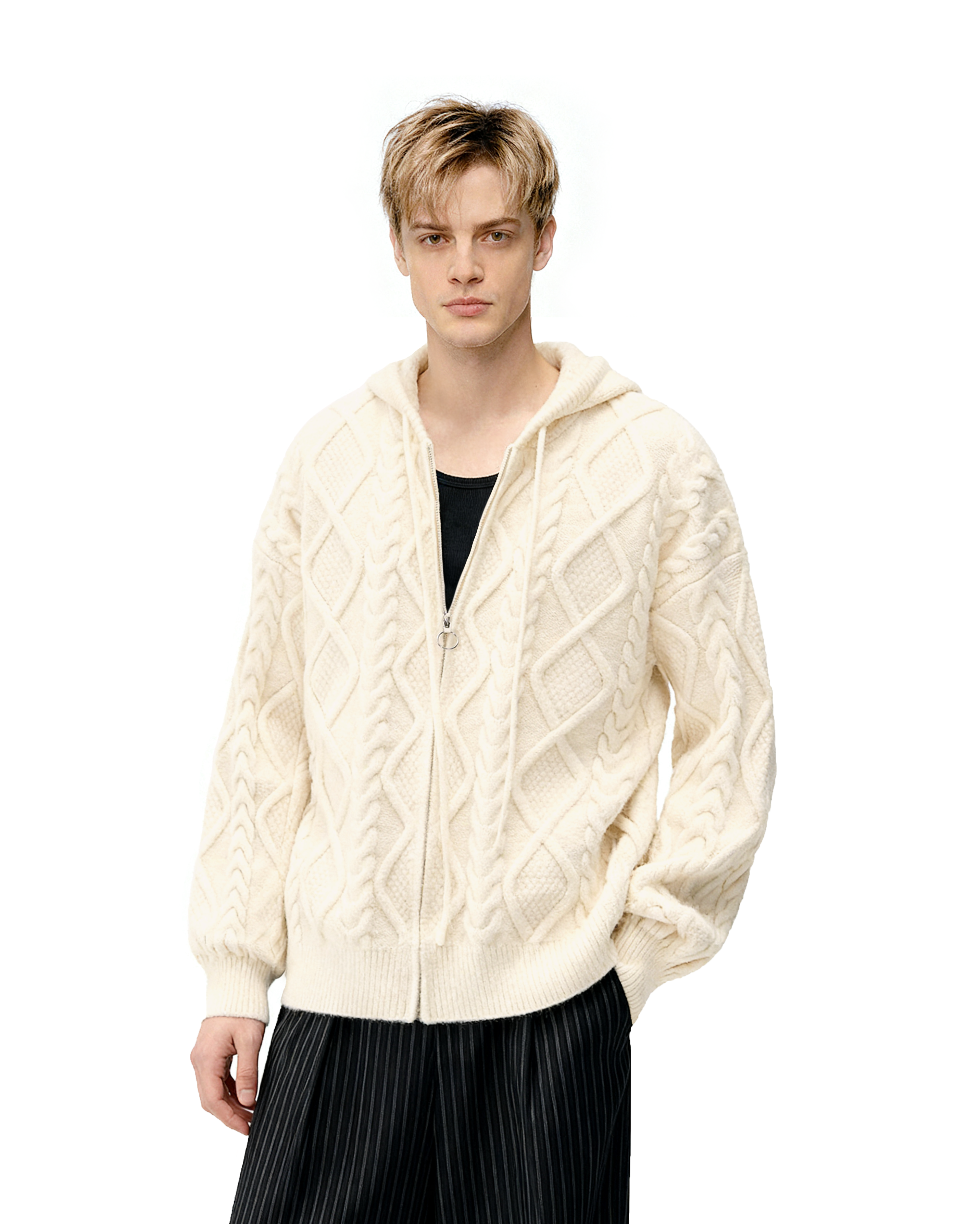 Cable Knit Hooded Zip Jacket with Pockets-7