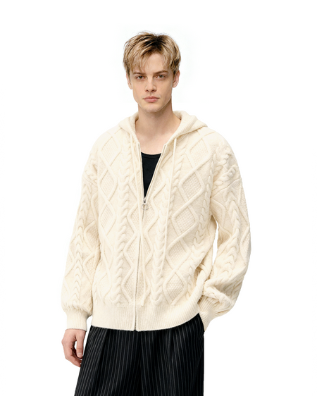 Cable Knit Hooded Zip Jacket with Pockets
