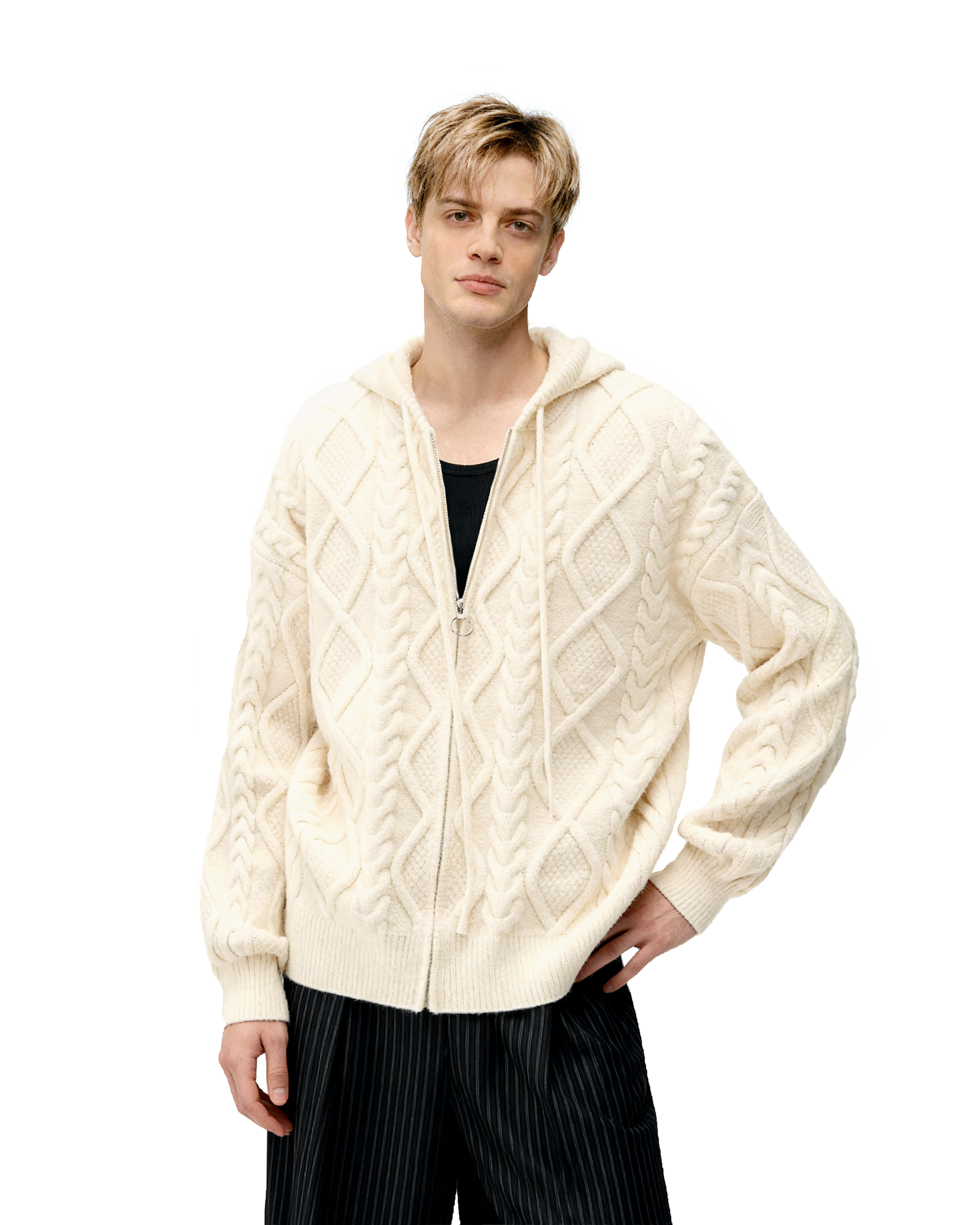 Cable Knit Hooded Zip Jacket with Pockets-5