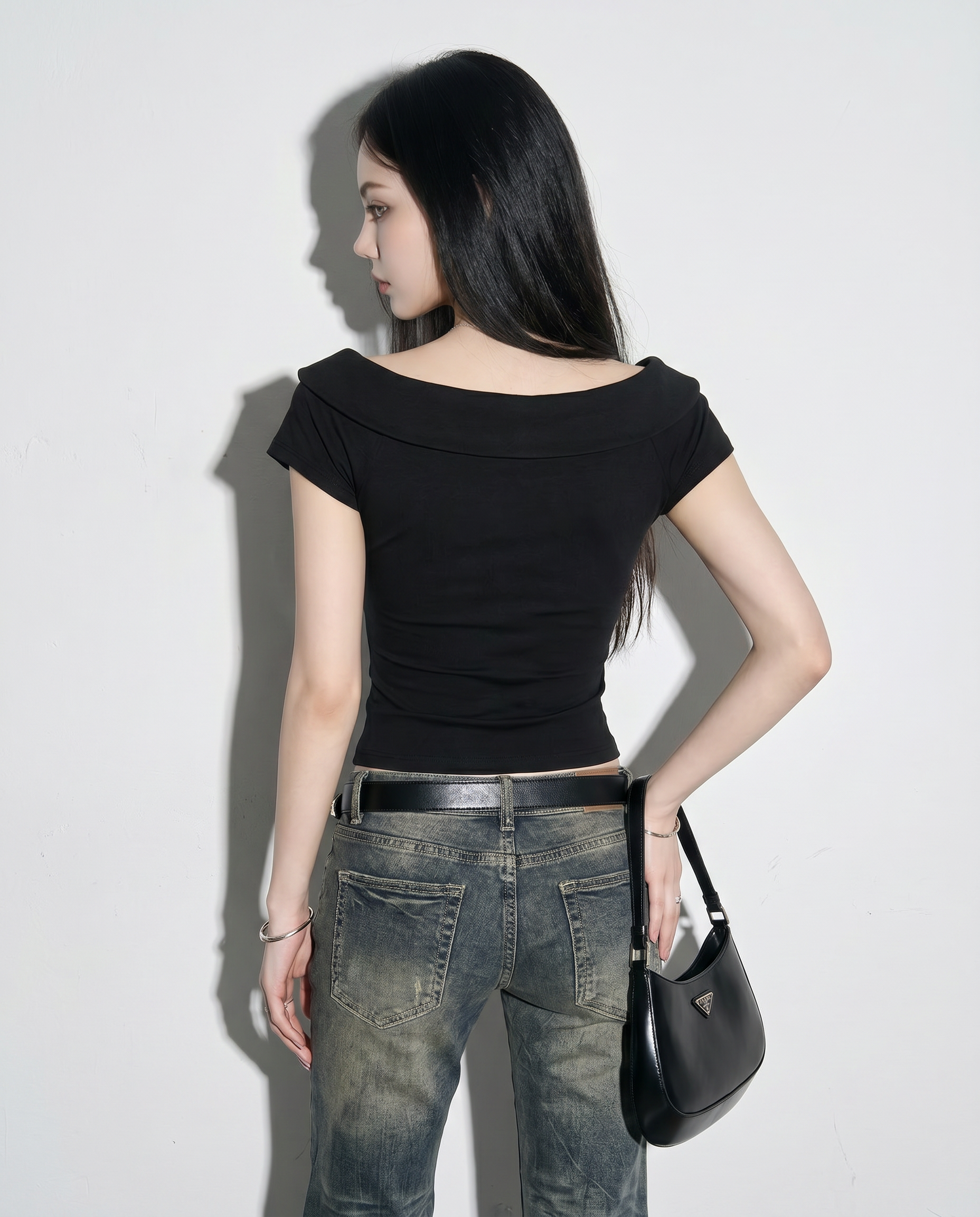 Off Shoulder Folded Collar Short Sleeve Top-11