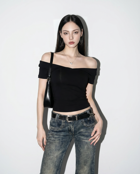Off Shoulder Folded Collar Short Sleeve Top