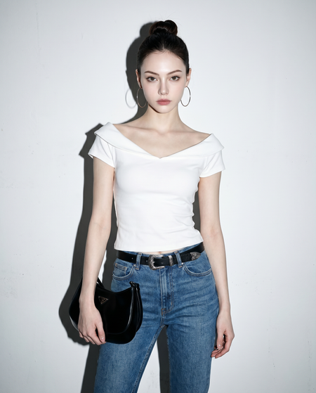 Off Shoulder Folded Collar Short Sleeve Top
