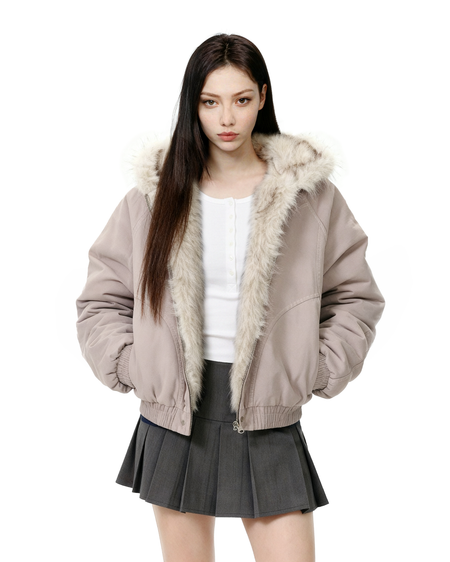 Oversized Faux Fur Lined Zip Jacket with Elastic Hem