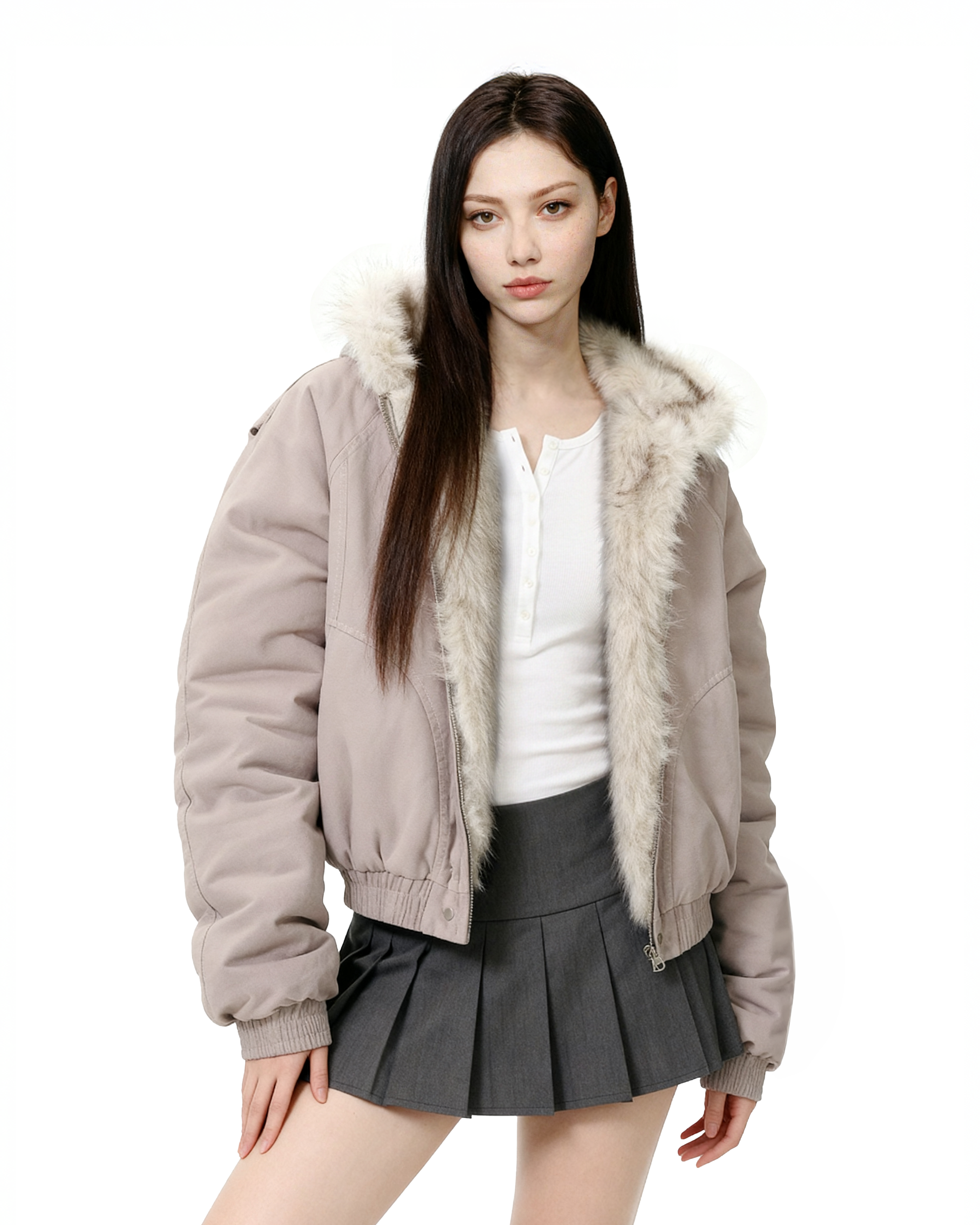Oversized Faux Fur Lined Zip Jacket with Elastic Hem-7
