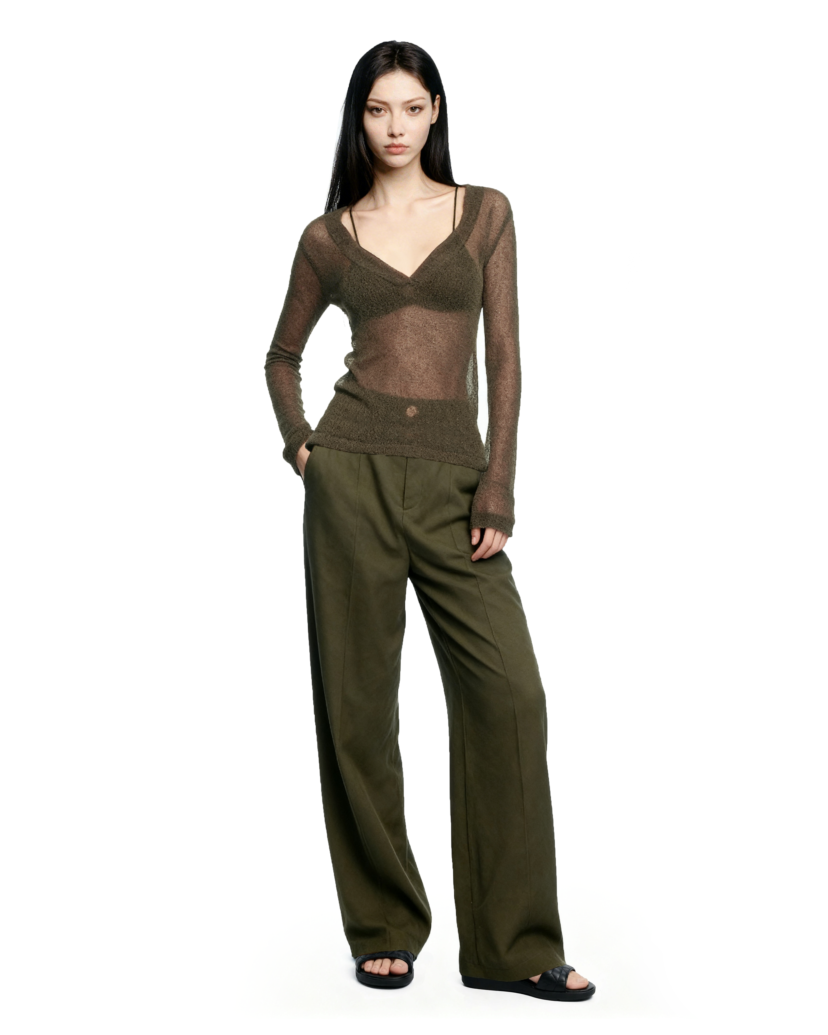 Sheer Knit Deep V-Neck Long Sleeve Top-4