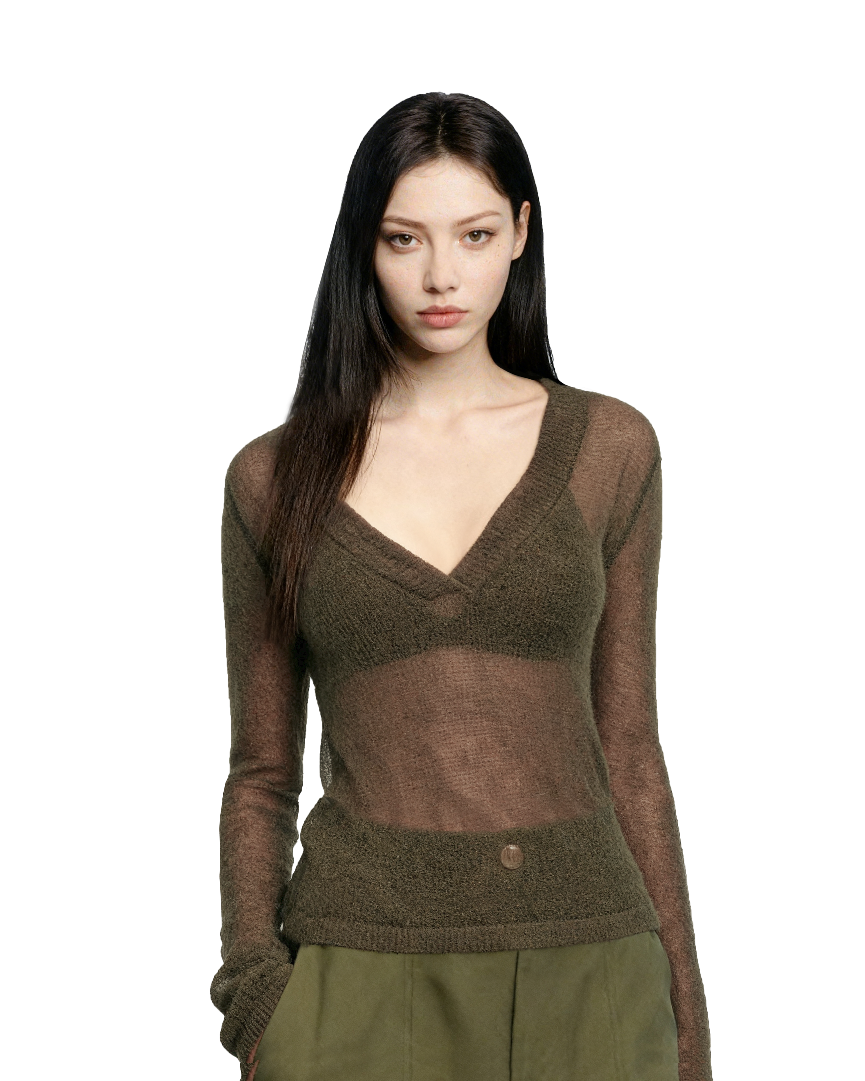Sheer Knit Deep V-Neck Long Sleeve Top-2