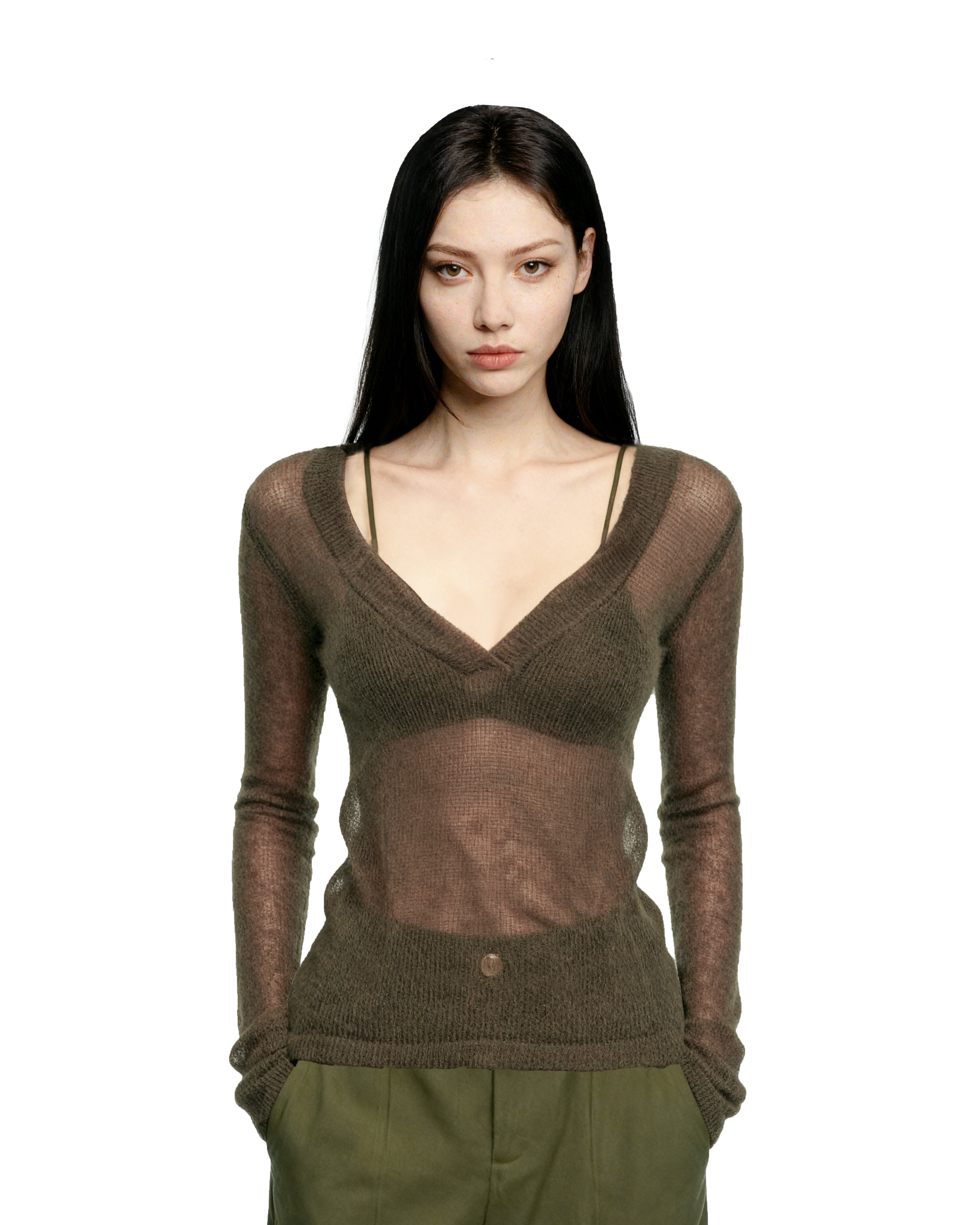 Sheer Knit Deep V-Neck Long Sleeve Top