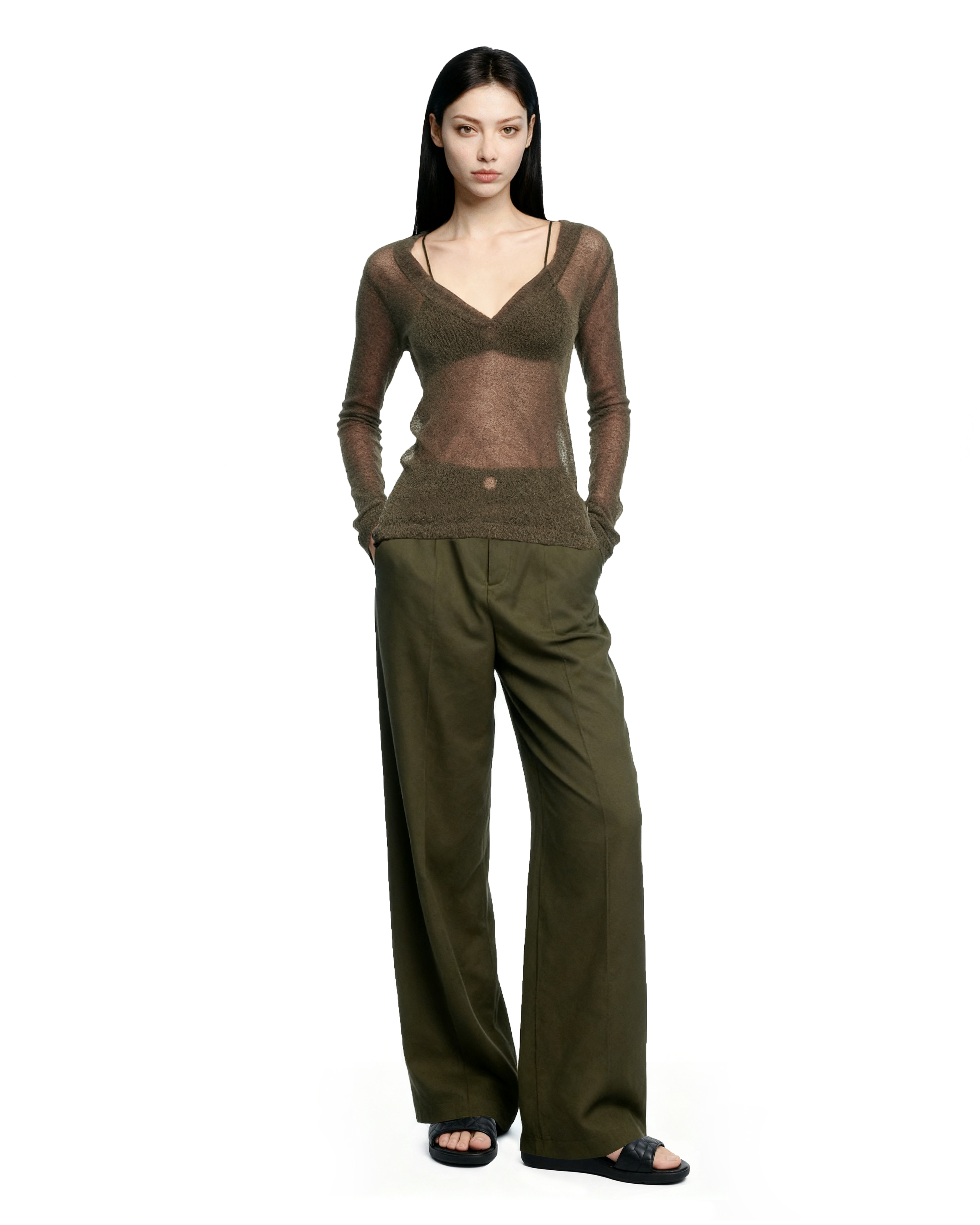 Sheer Knit Deep V-Neck Long Sleeve Top-5