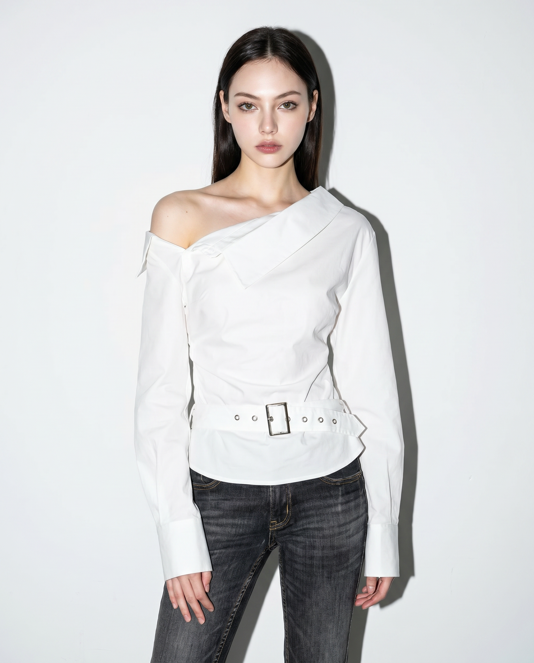 One Shoulder Asymmetrical Belted Blouse-3
