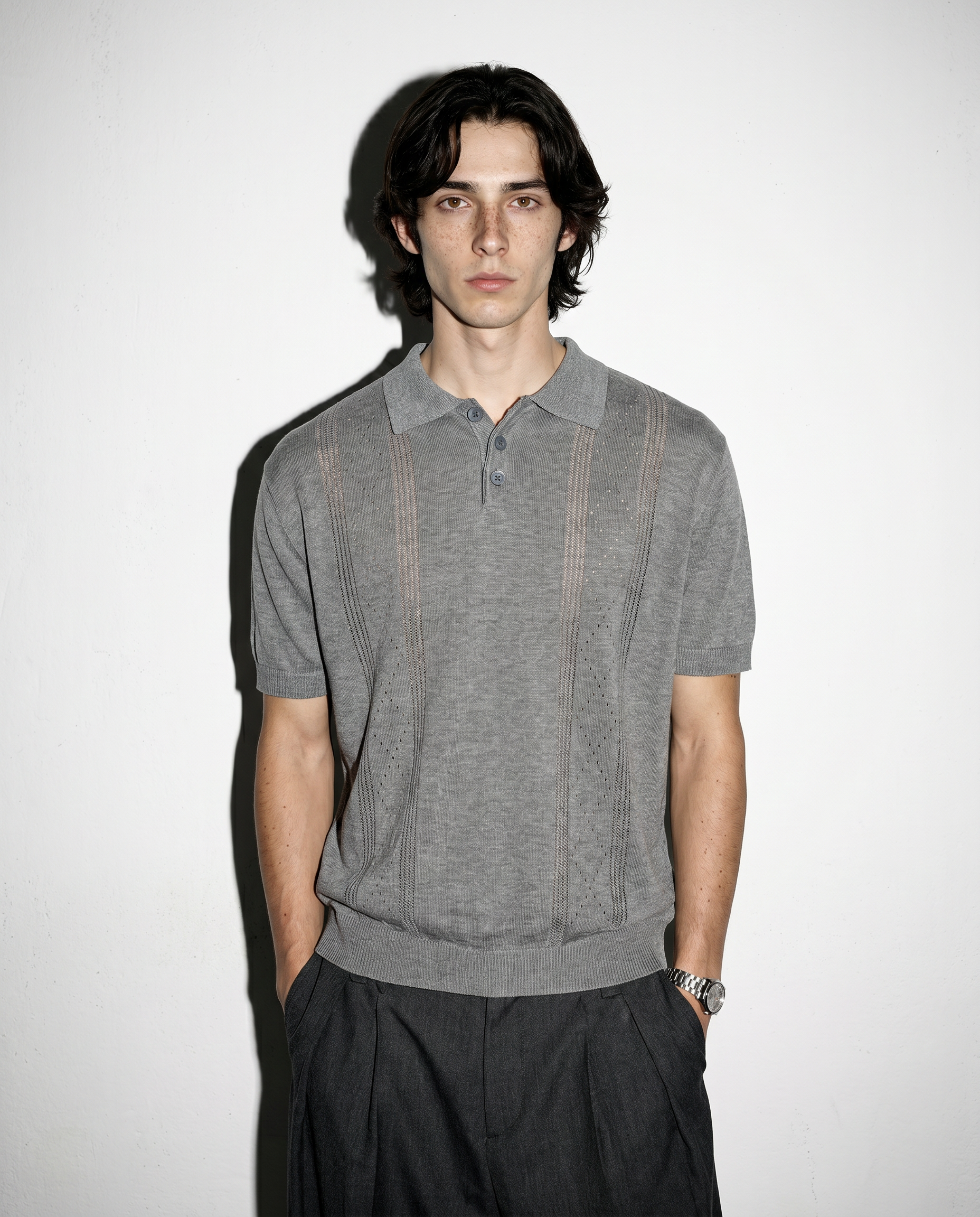 Open Rib Knit Stripe Polo Shirt-15