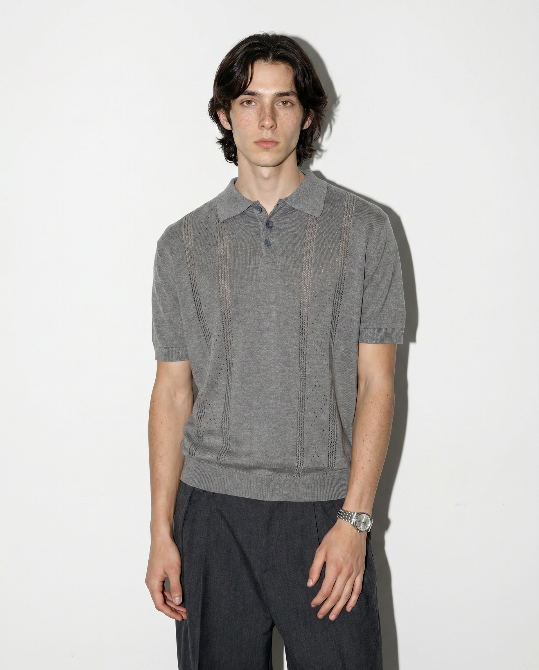 Open Rib Knit Stripe Polo Shirt-9