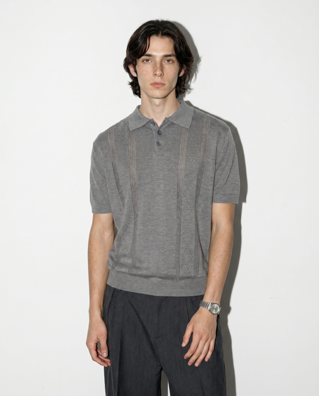 Open Rib Knit Stripe Polo Shirt