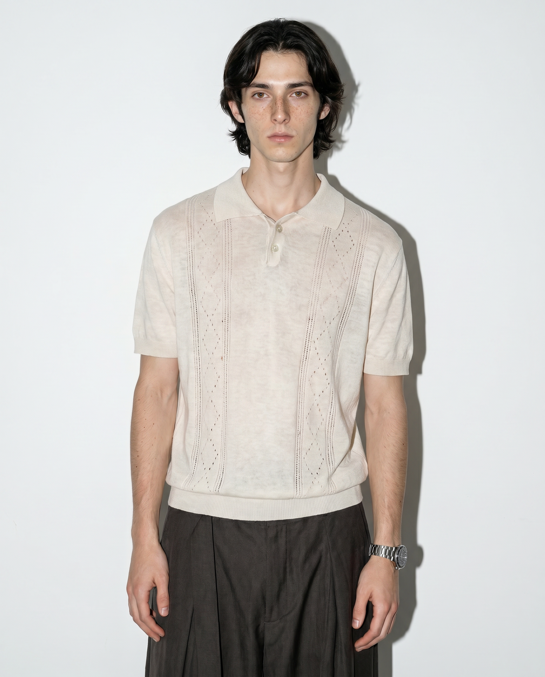 Open Rib Knit Stripe Polo Shirt-2