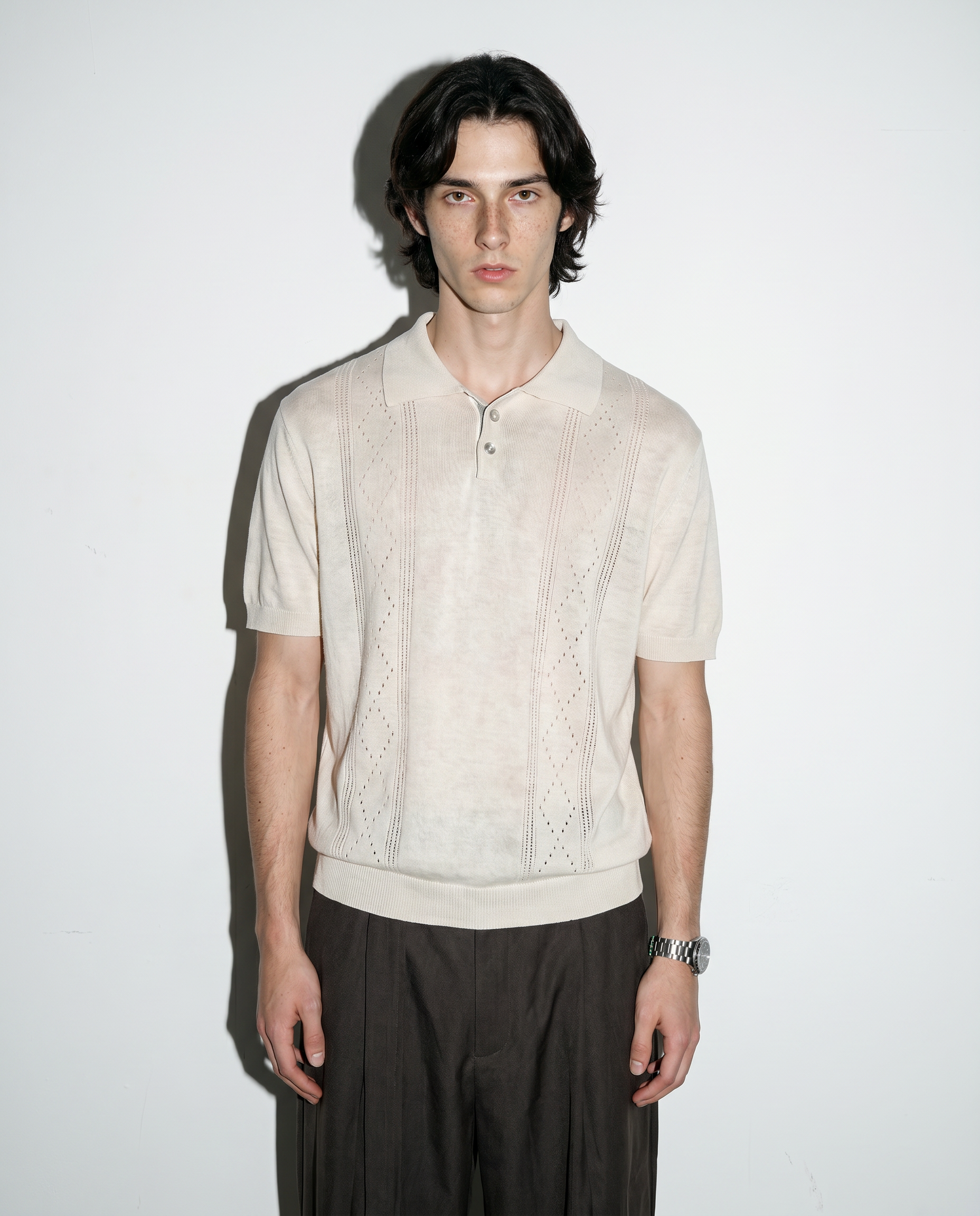 Open Rib Knit Stripe Polo Shirt-1