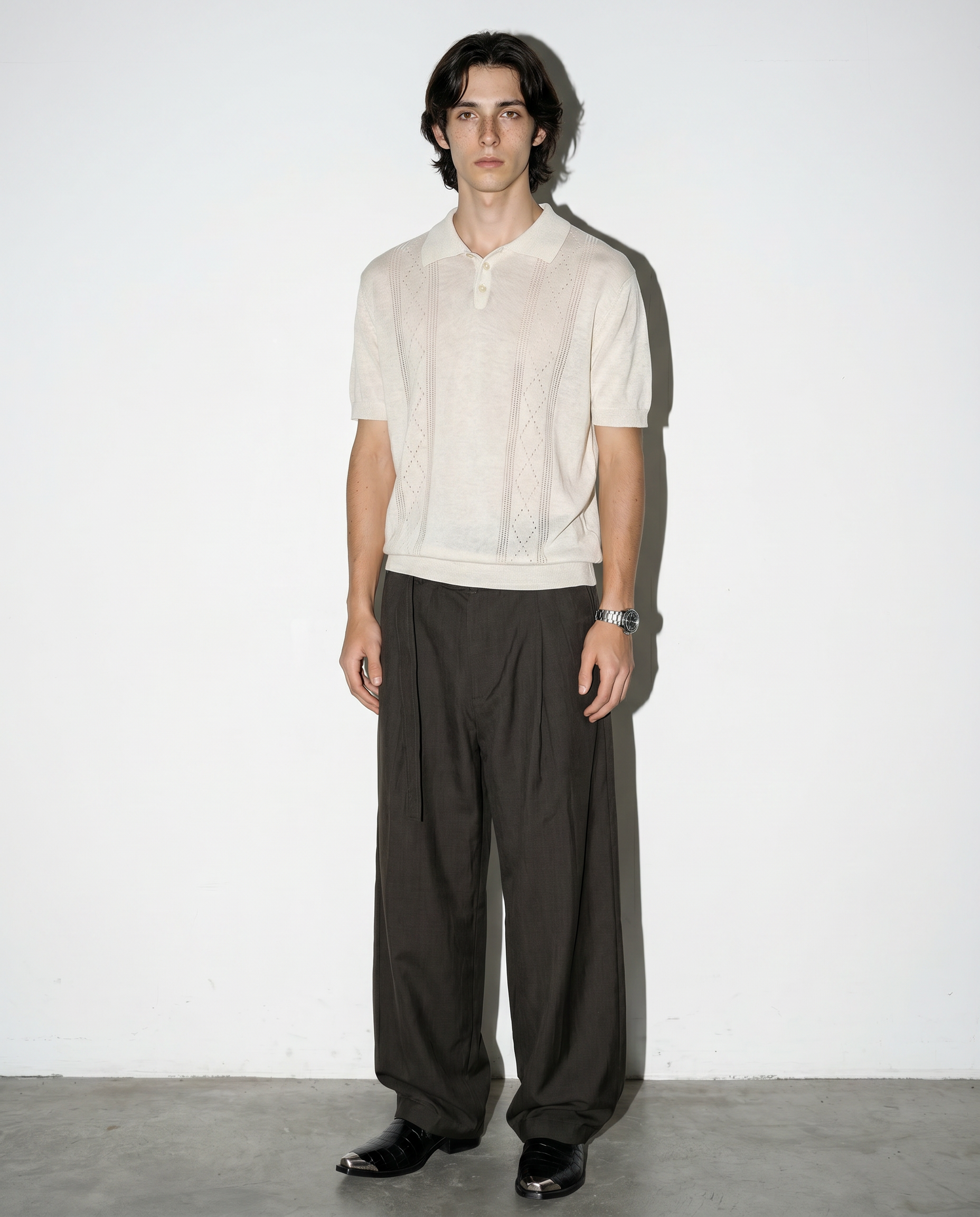 Open Rib Knit Stripe Polo Shirt-6