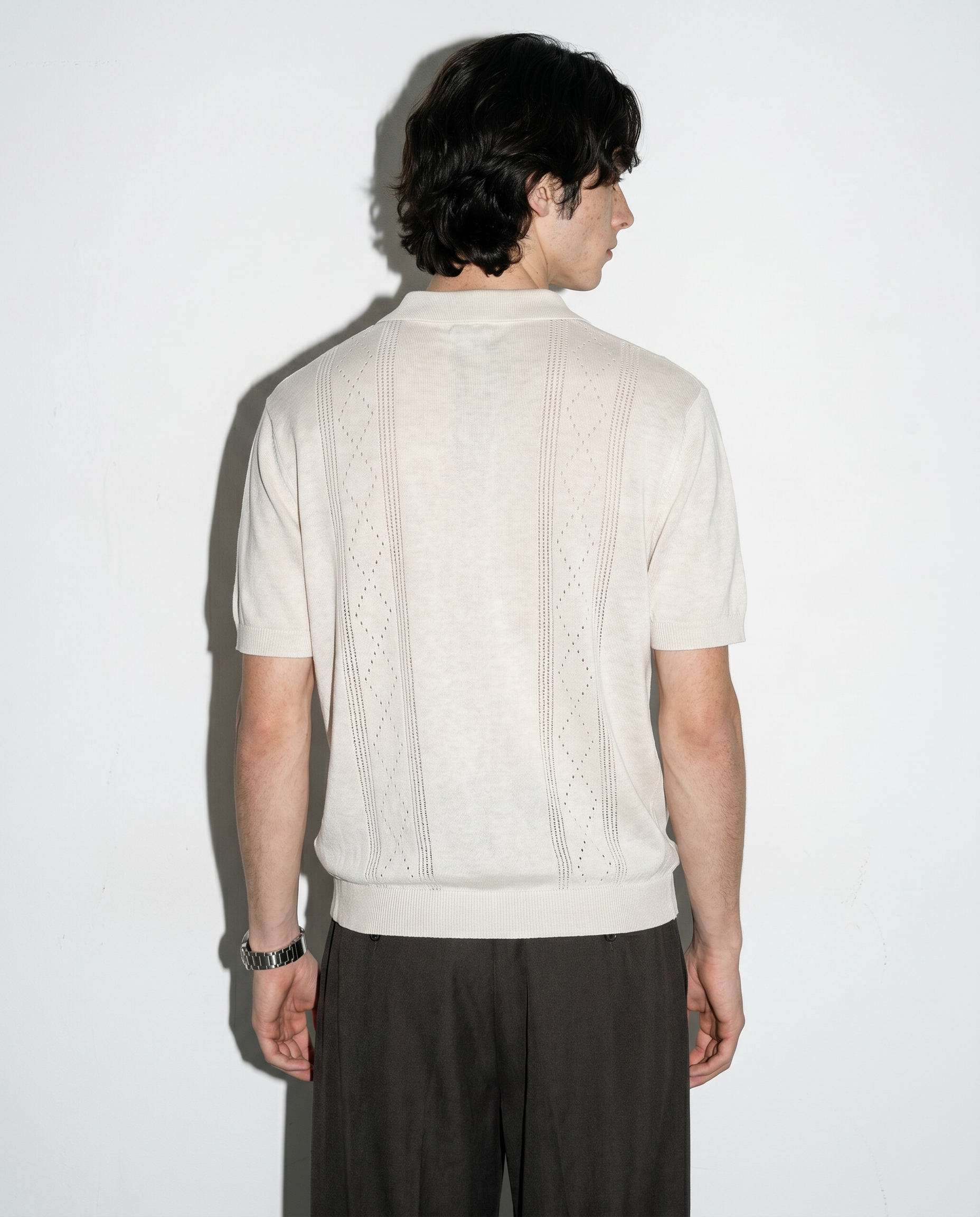 Open Rib Knit Stripe Polo Shirt-5