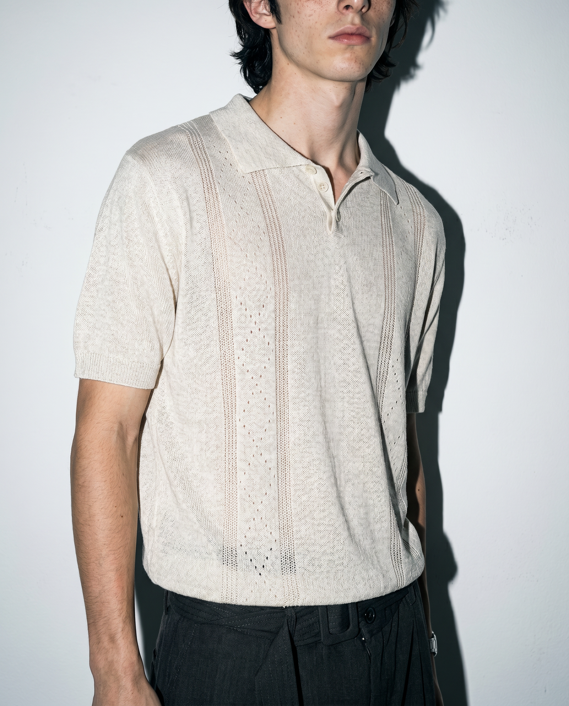 Open Rib Knit Stripe Polo Shirt-3