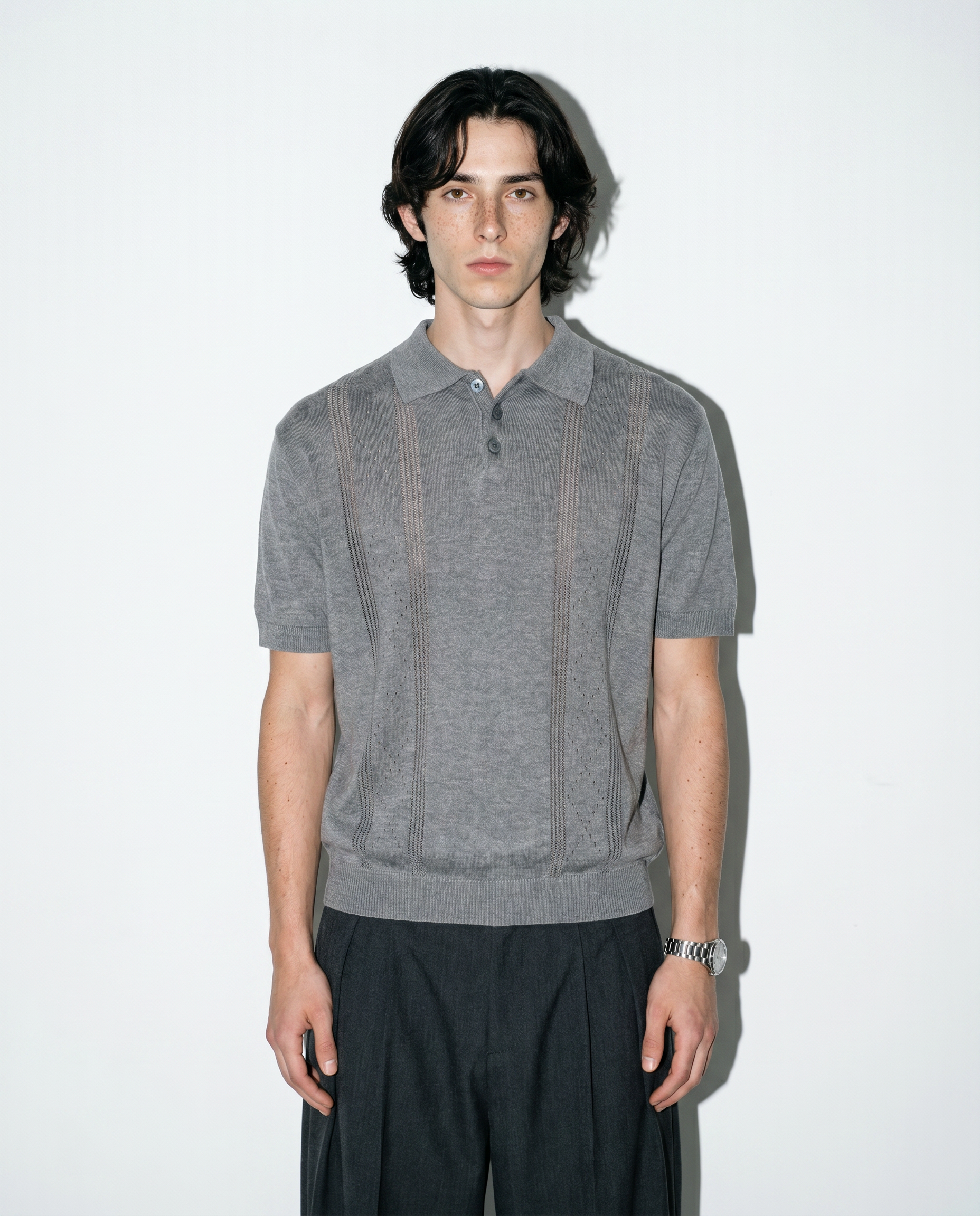 Open Rib Knit Stripe Polo Shirt-10