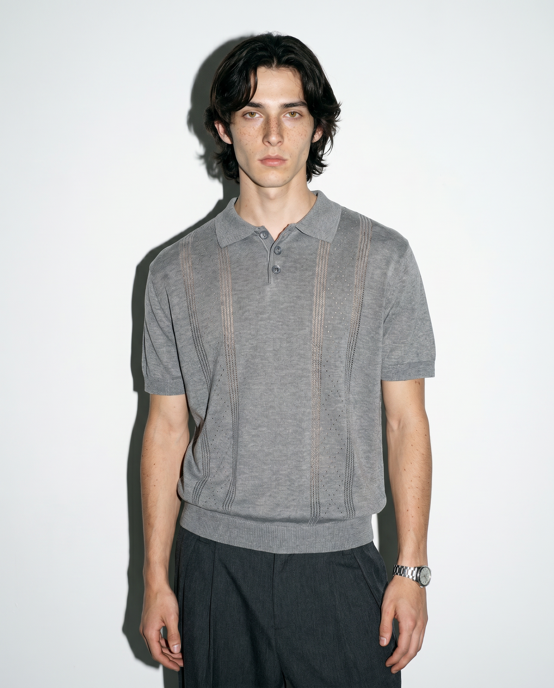 Open Rib Knit Stripe Polo Shirt-11