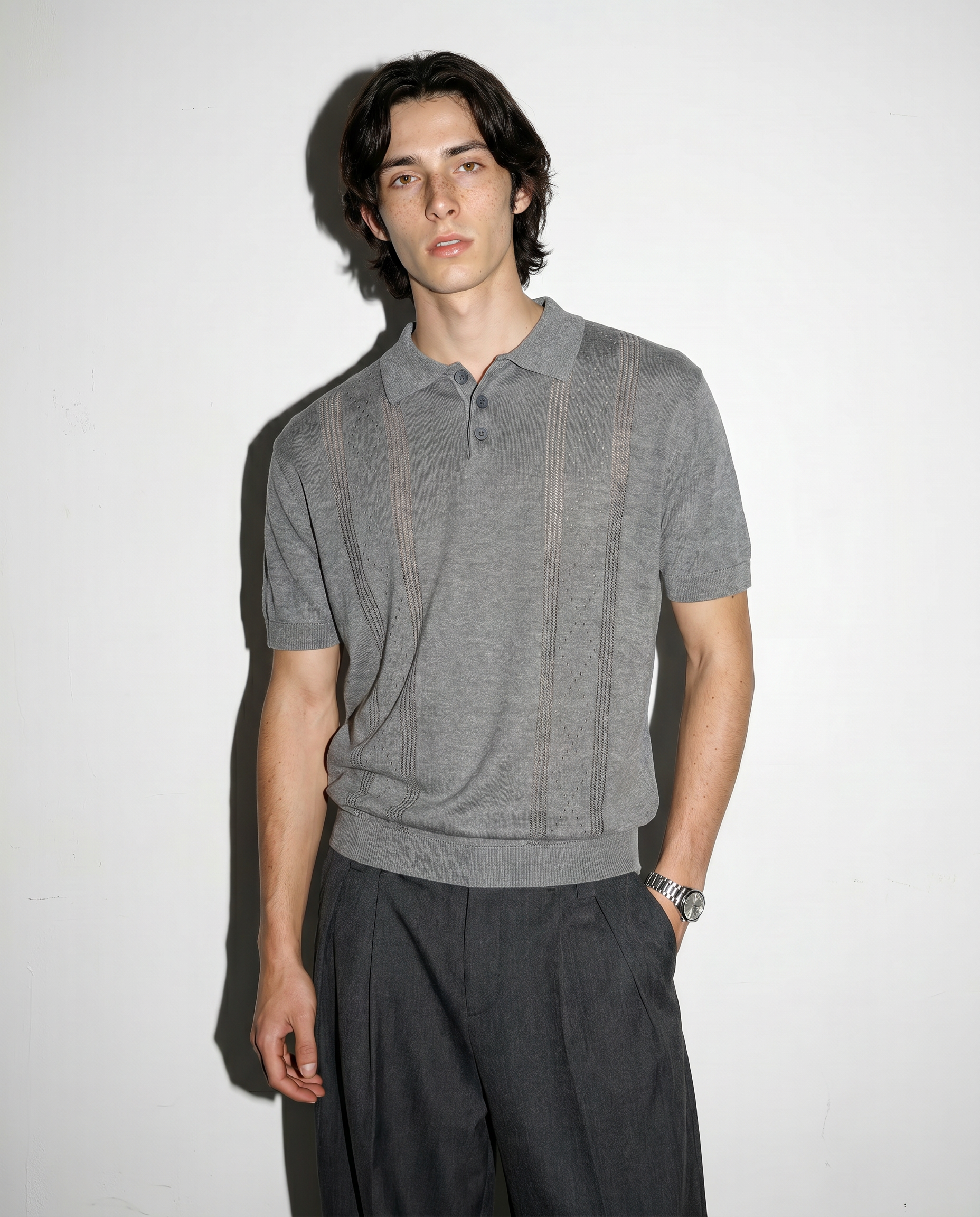 Open Rib Knit Stripe Polo Shirt-12