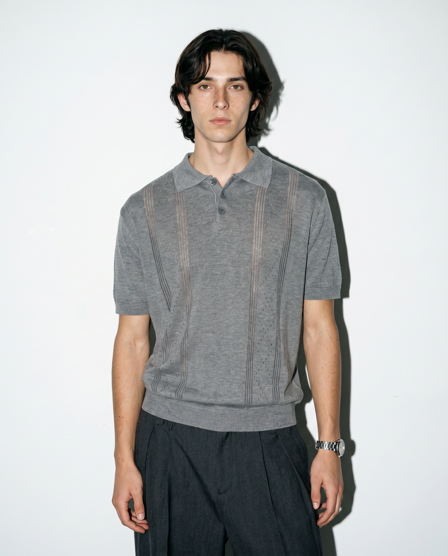 Open Rib Knit Stripe Polo Shirt-13