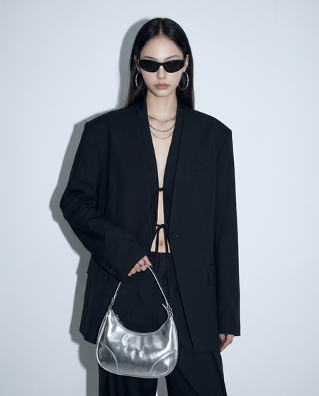 Oversized Open-Back Collarless Blazer