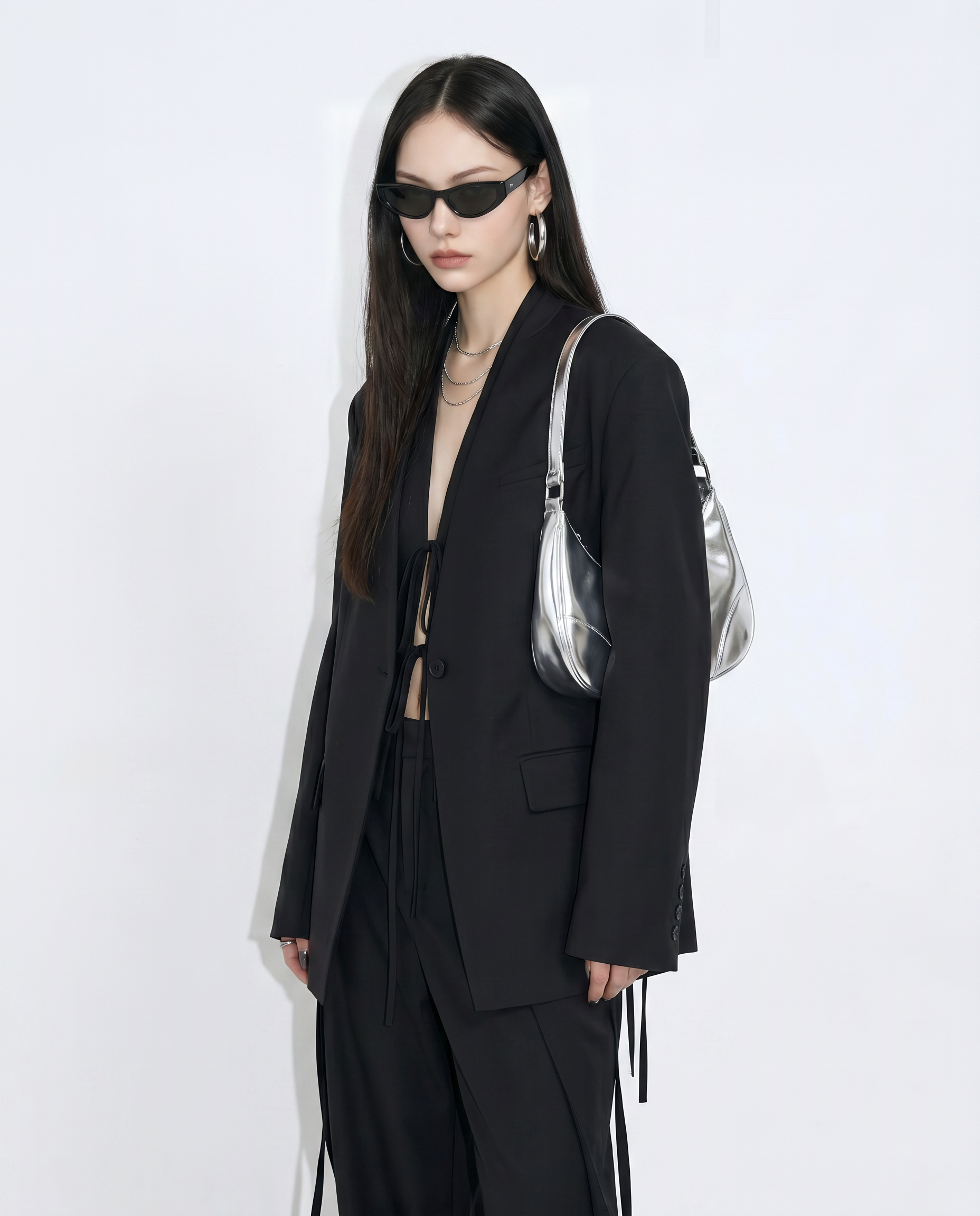 Oversized Open-Back Collarless Blazer-6