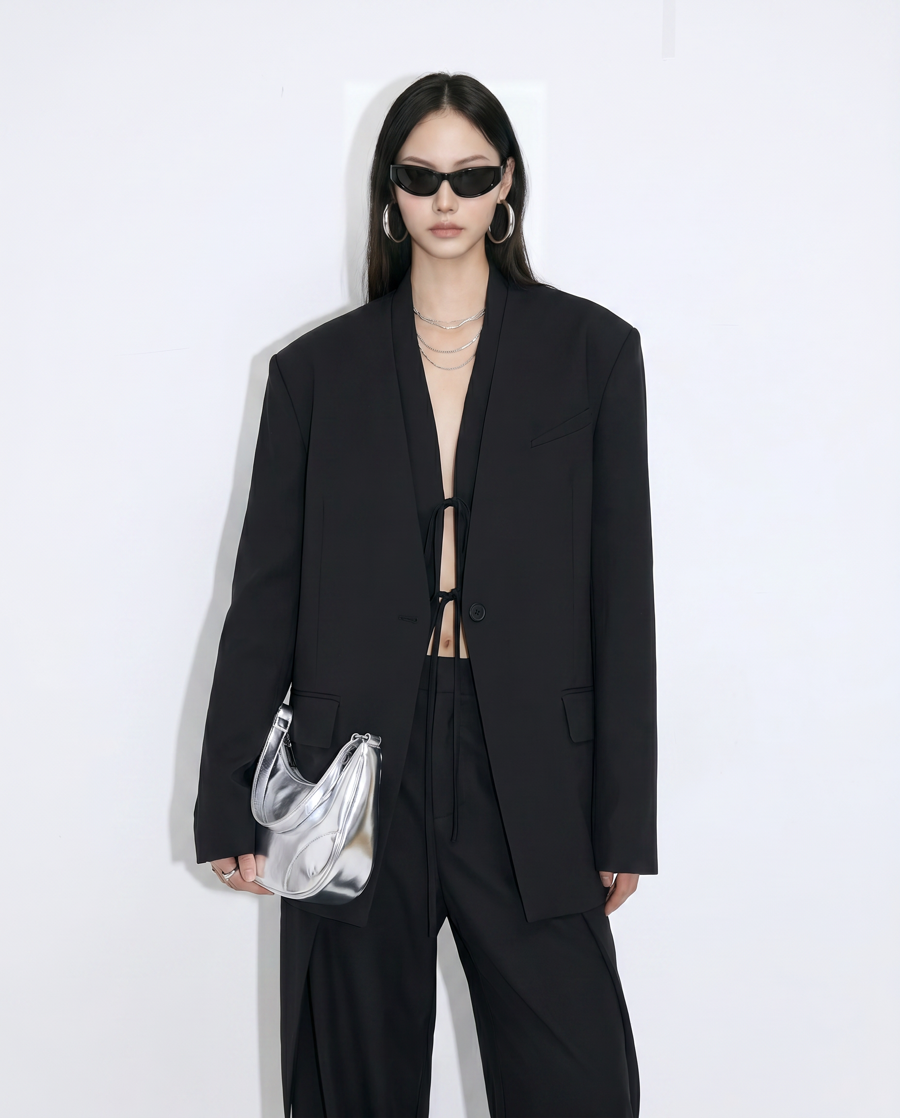 Oversized Open-Back Collarless Blazer-3