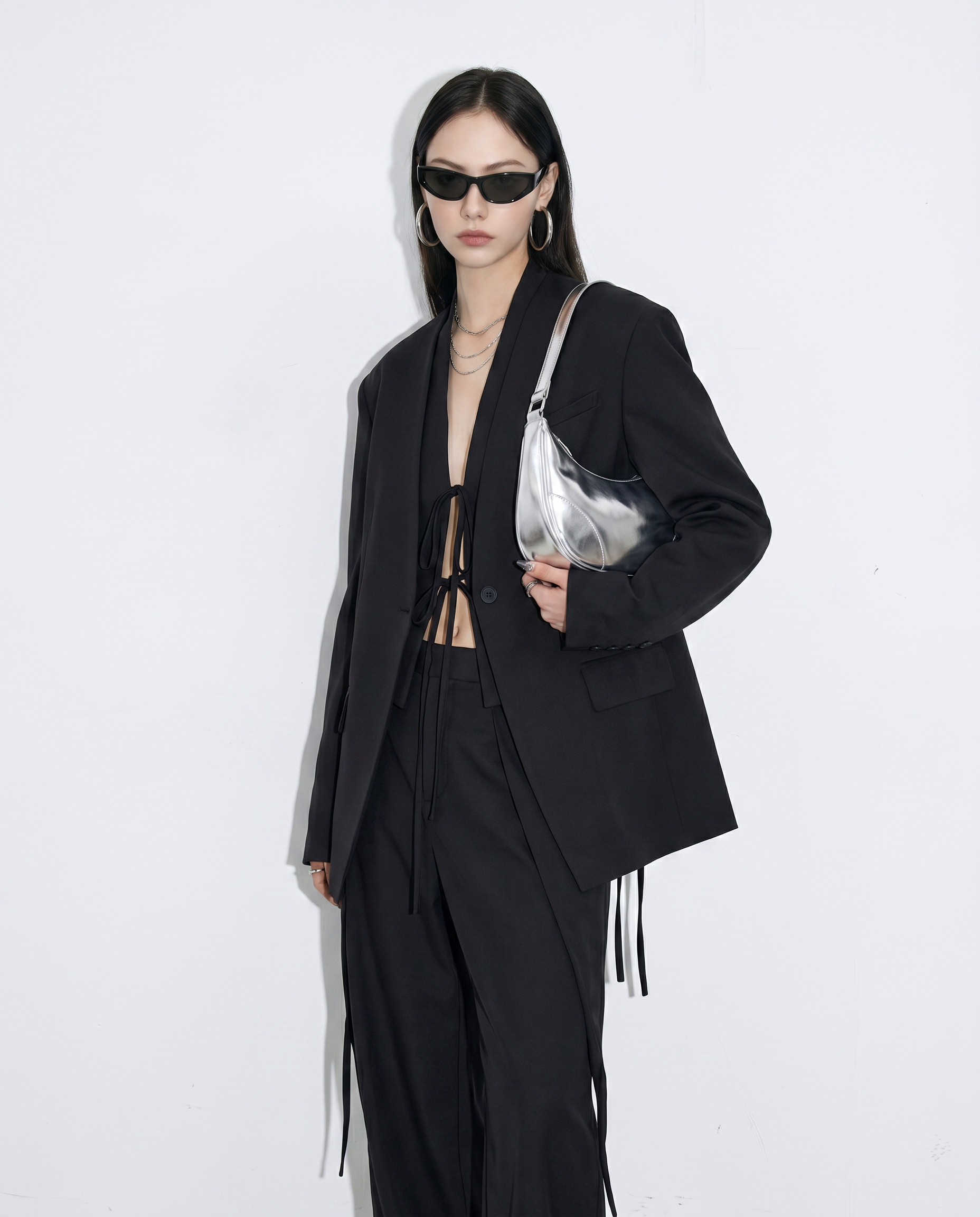 Oversized Open-Back Collarless Blazer-5