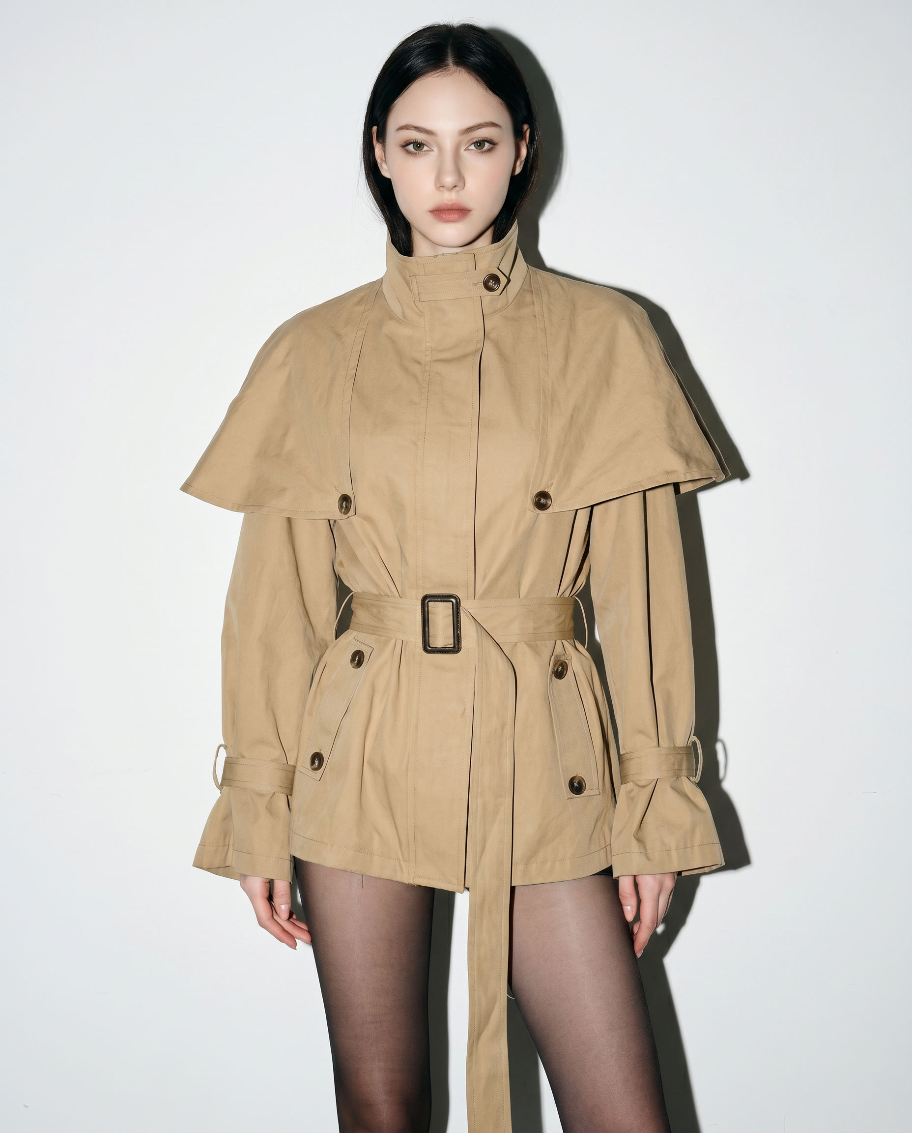 Oversized Stand Collar Trench Coat with Cape and Belt