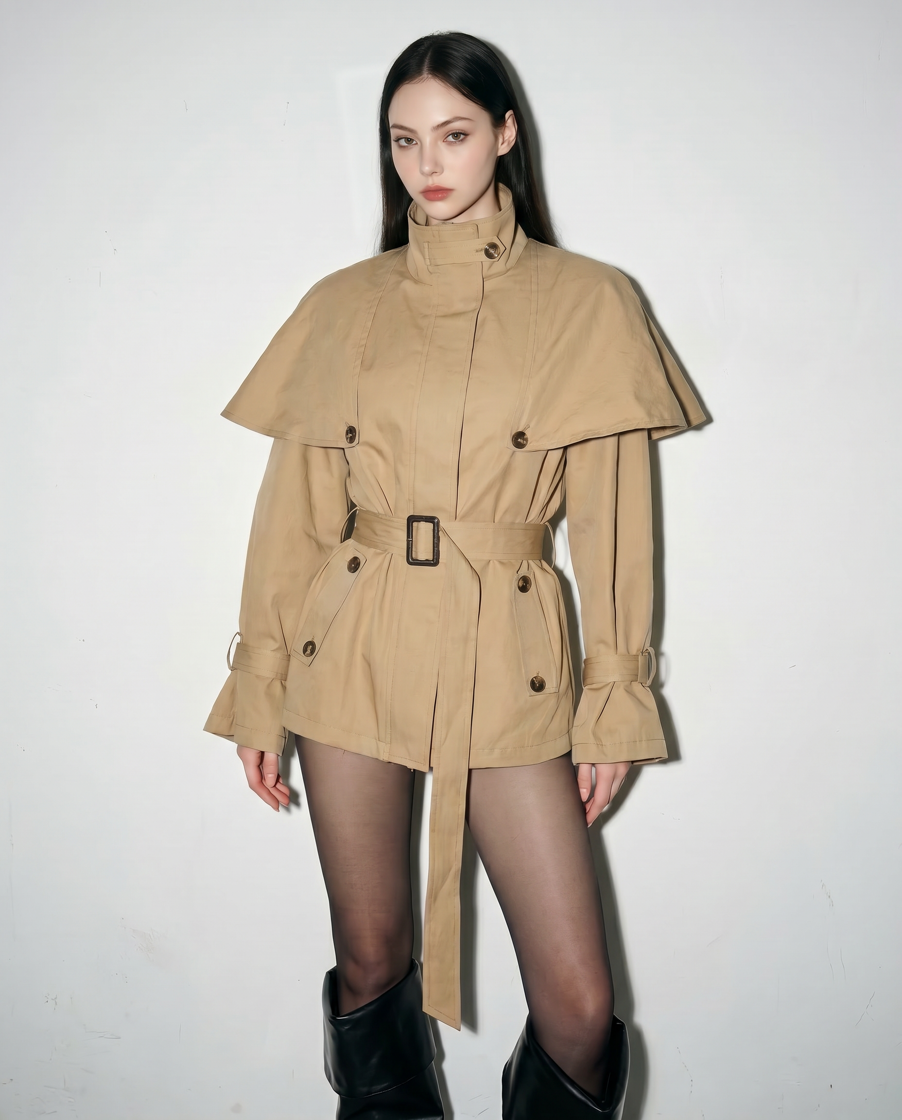 Oversized Stand Collar Trench Coat with Cape and Belt