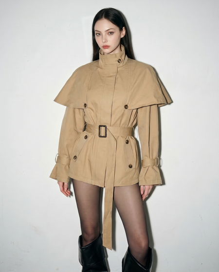 Oversized Stand Collar Trench Coat with Cape and Belt