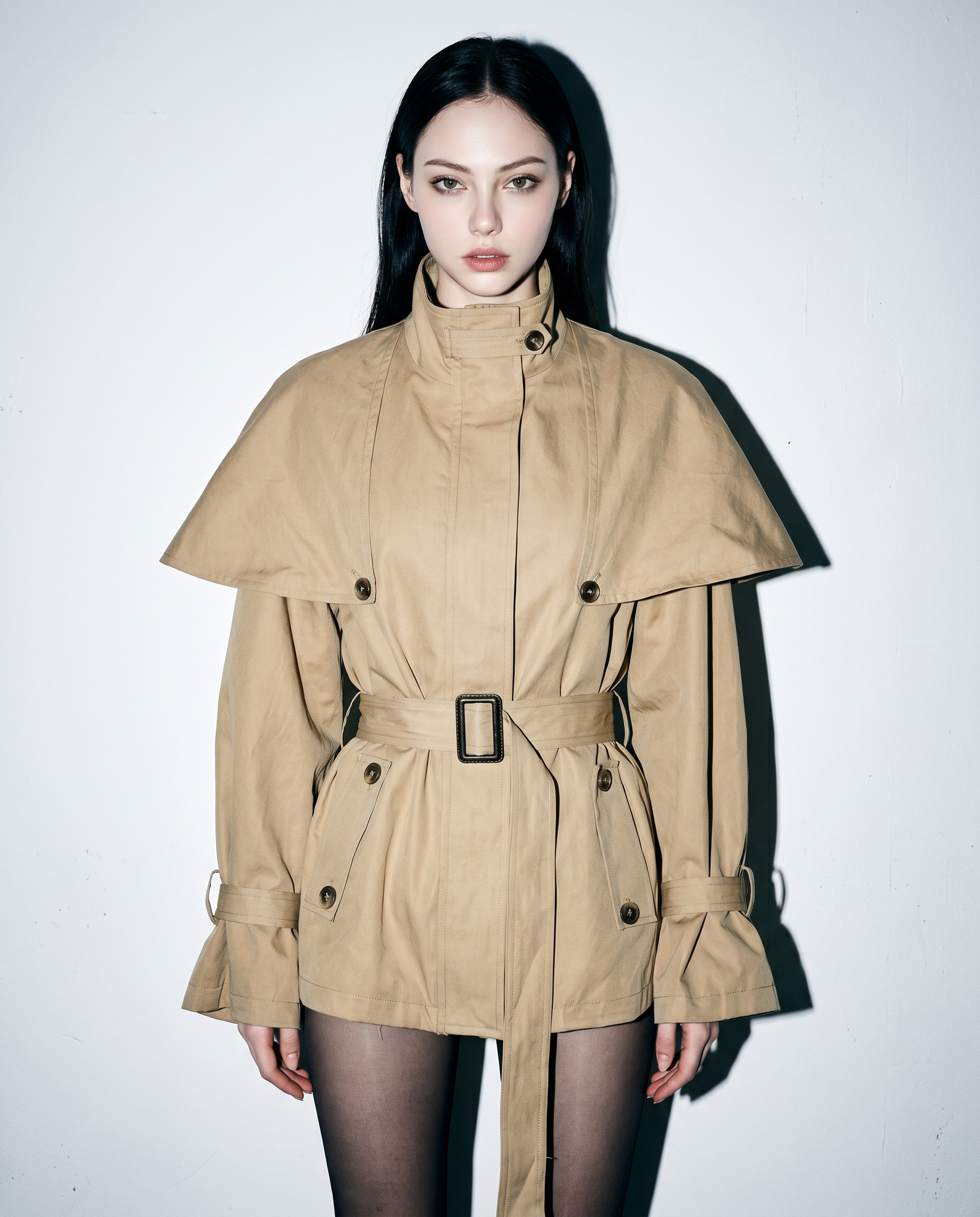 Oversized Stand Collar Trench Coat with Cape and Belt