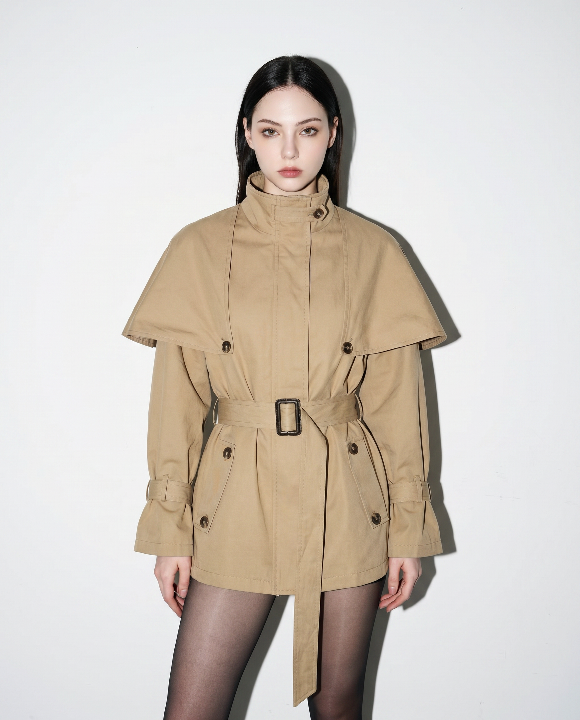Oversized Stand Collar Trench Coat with Cape and Belt