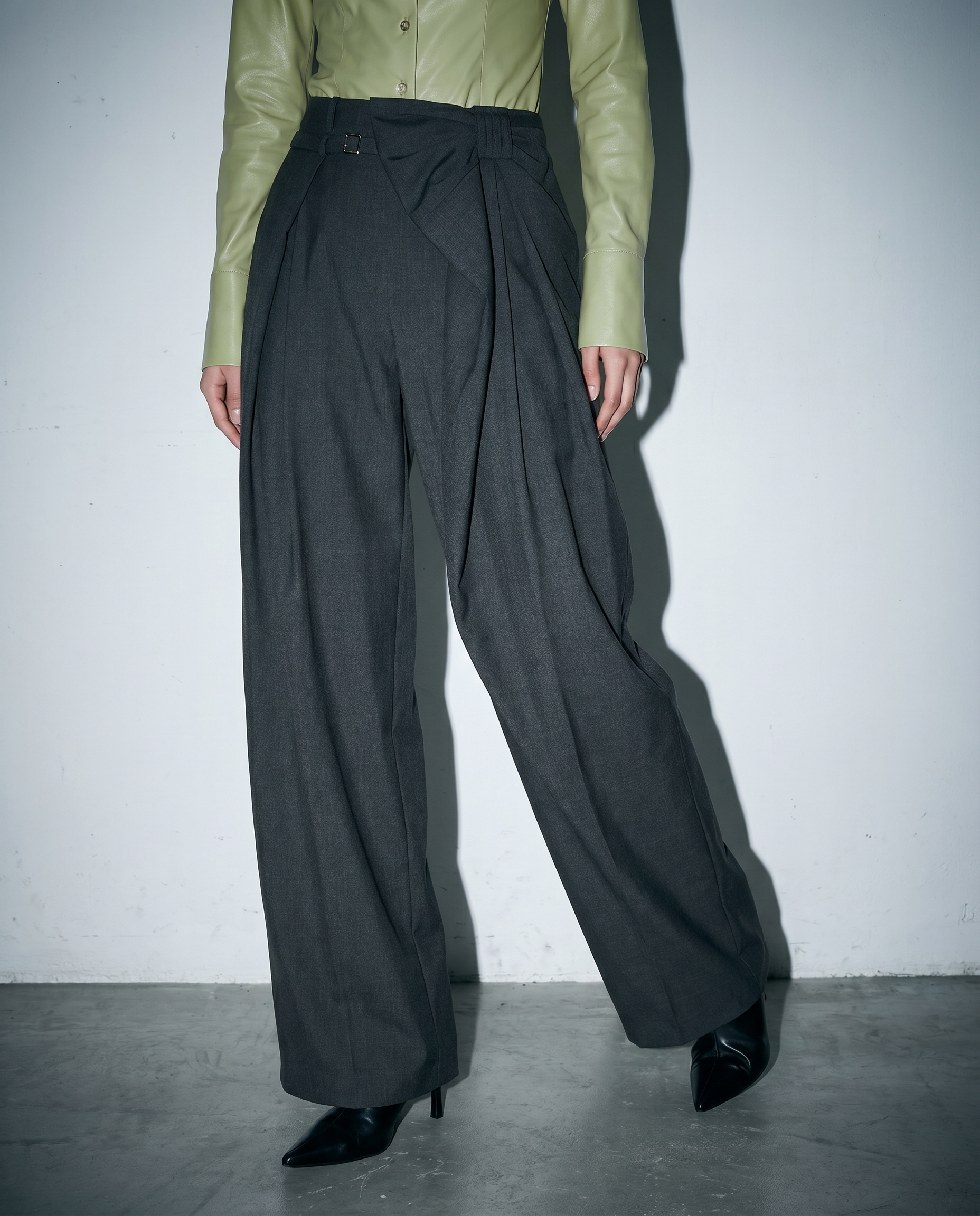 Pleated Bow Detail Wide Leg Trousers-12