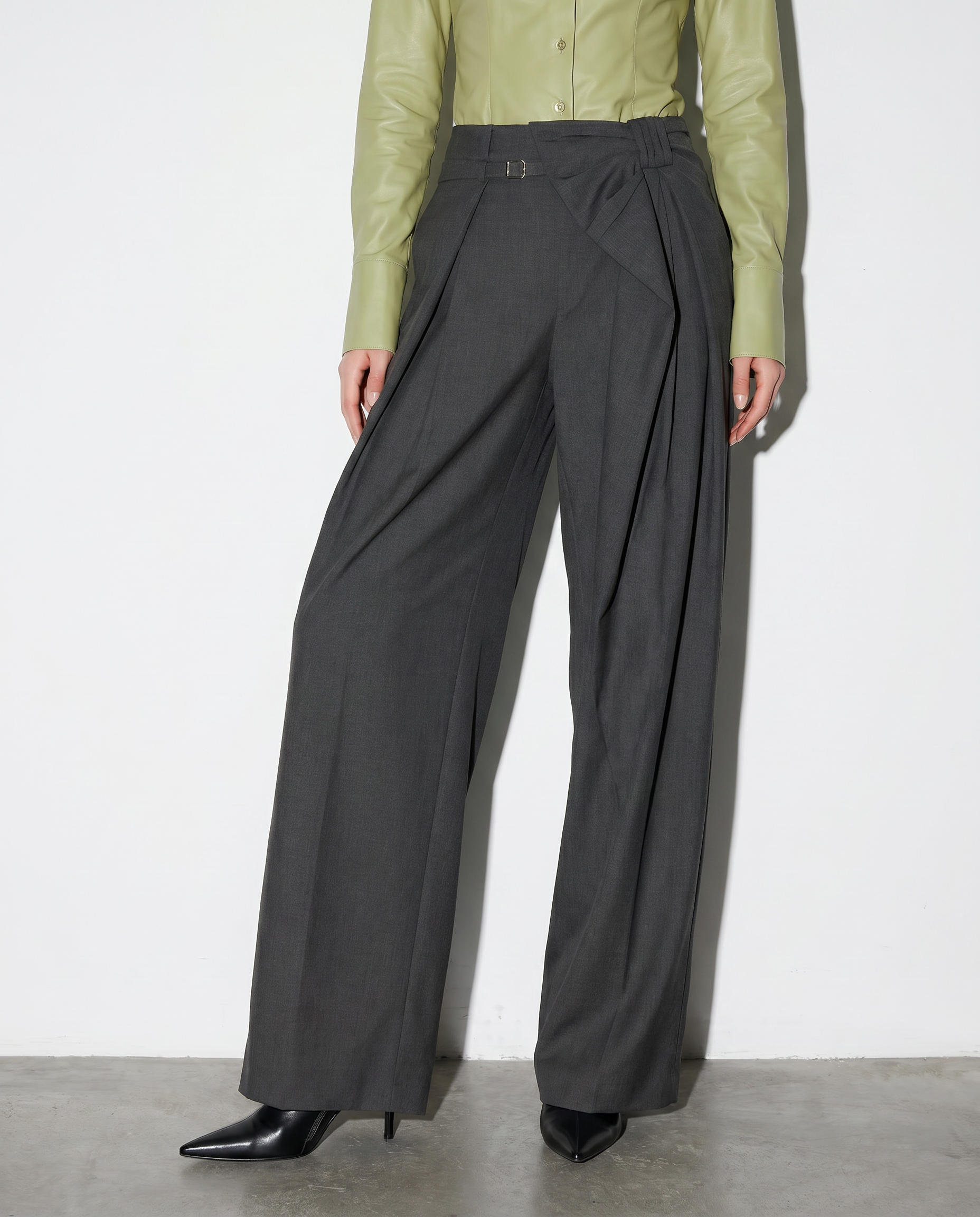 Pleated Bow Detail Wide Leg Trousers-13