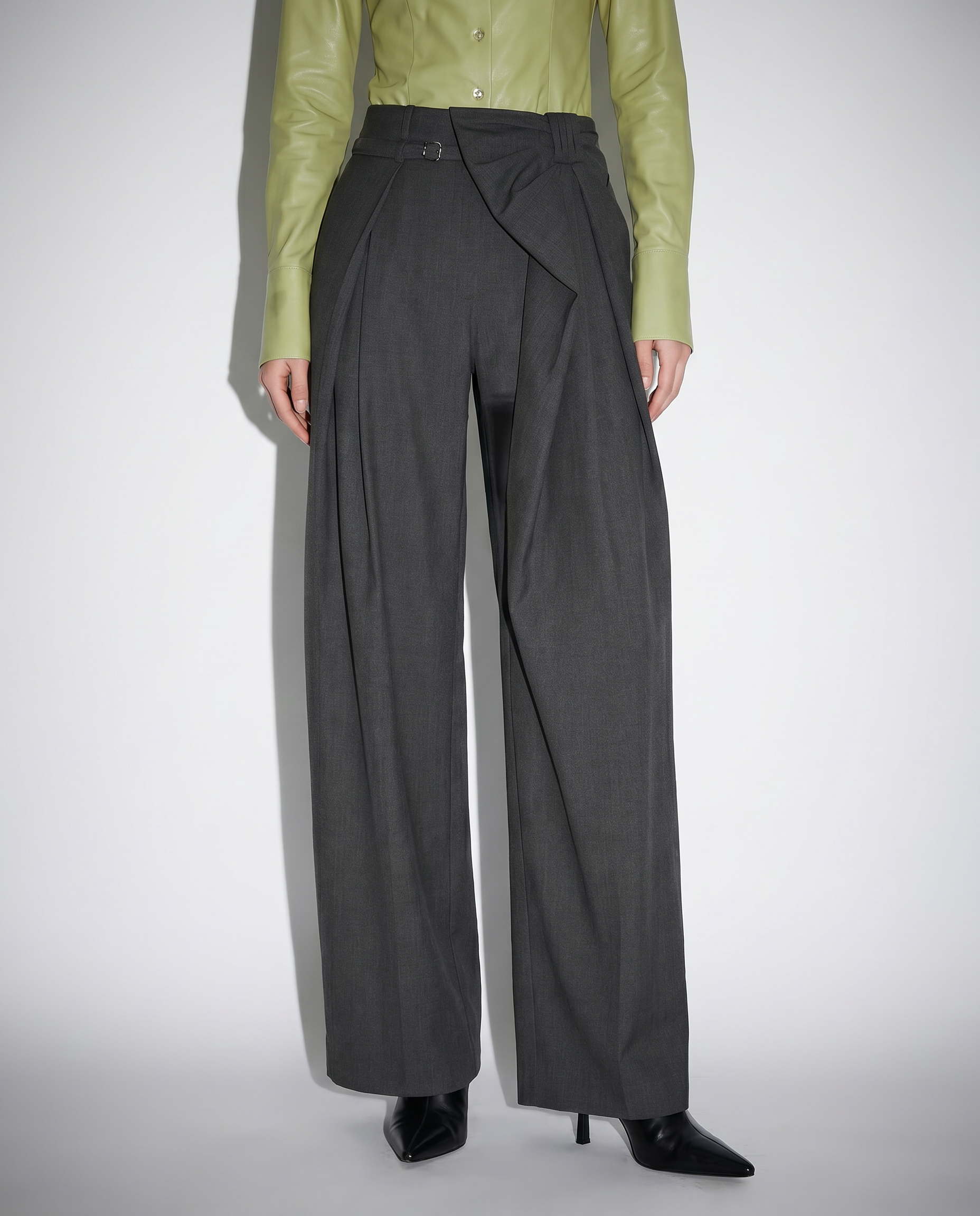 Pleated Bow Detail Wide Leg Trousers-11