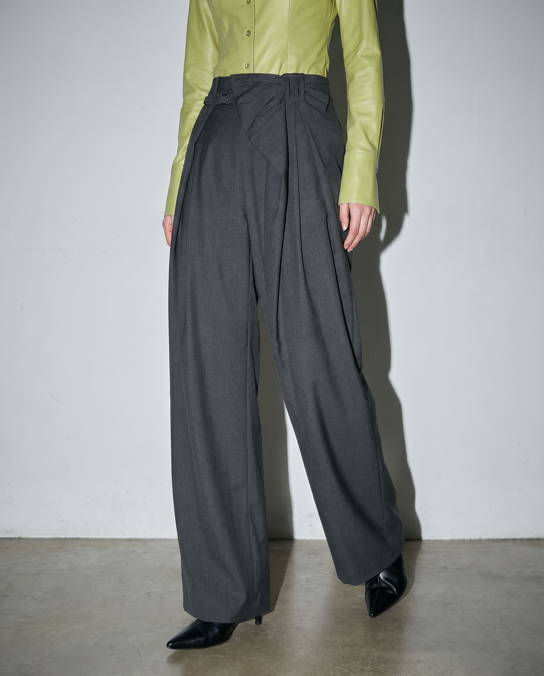 Pleated Bow Detail Wide Leg Trousers-14