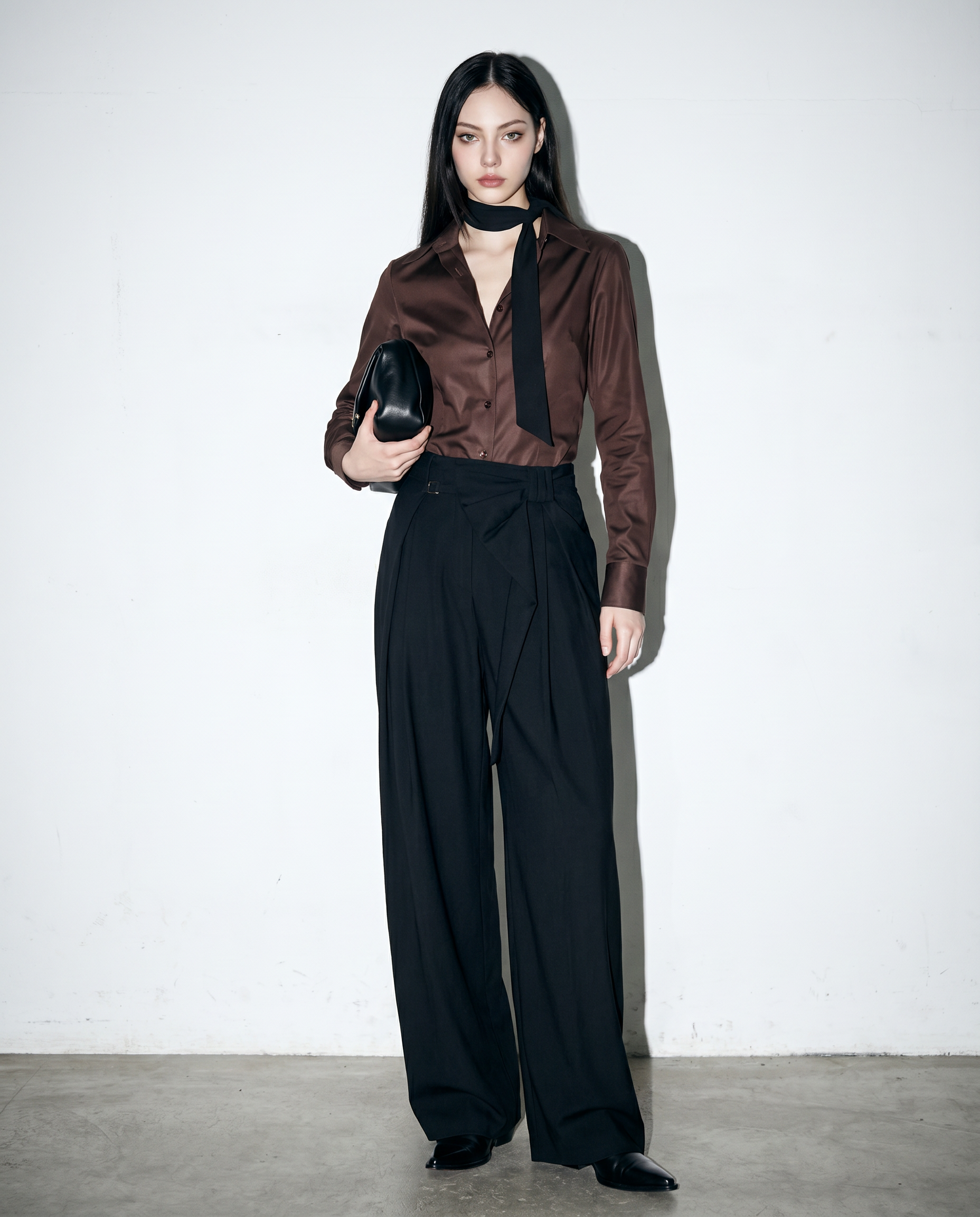 Pleated Bow Detail Wide Leg Trousers-6