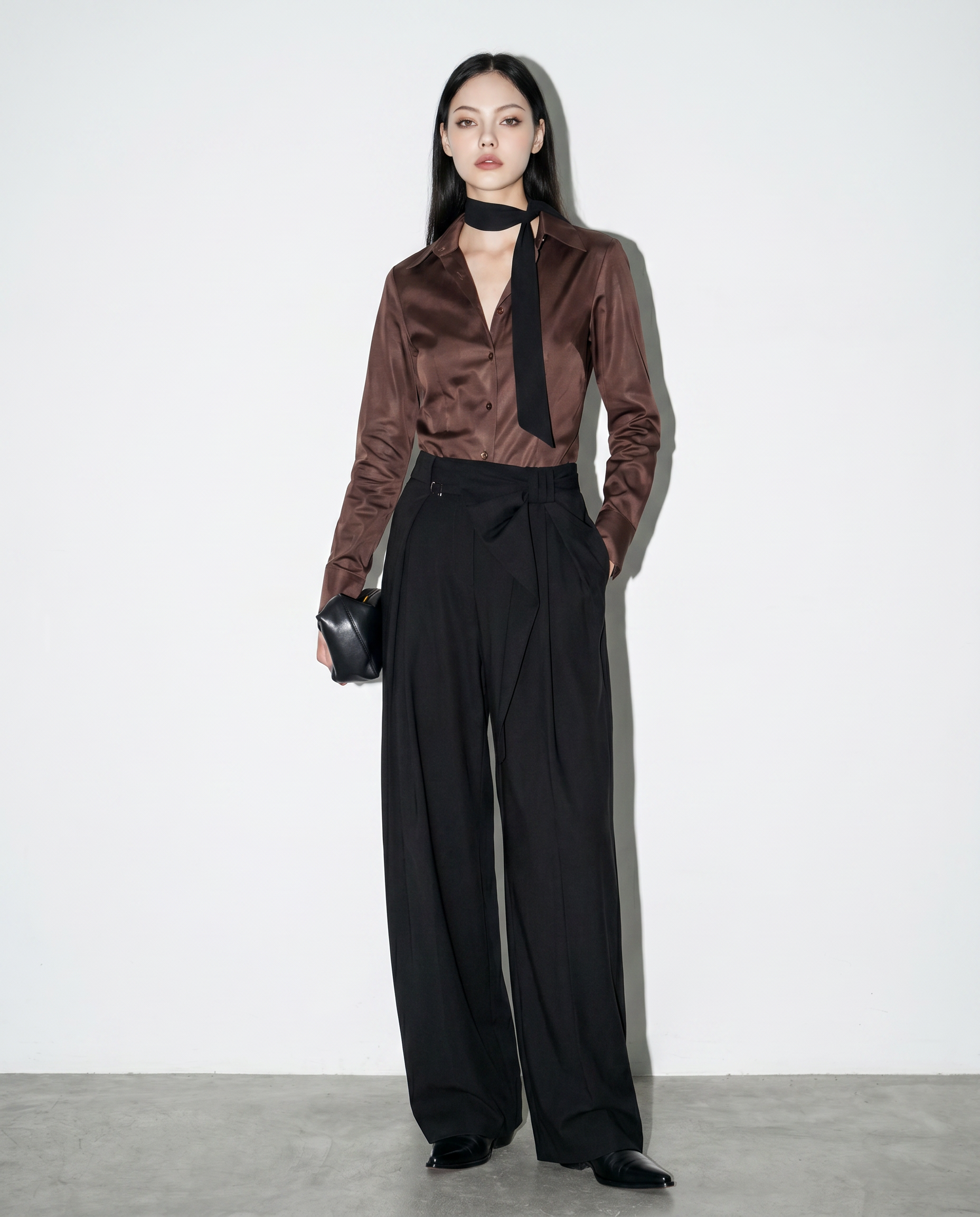 Pleated Bow Detail Wide Leg Trousers-5