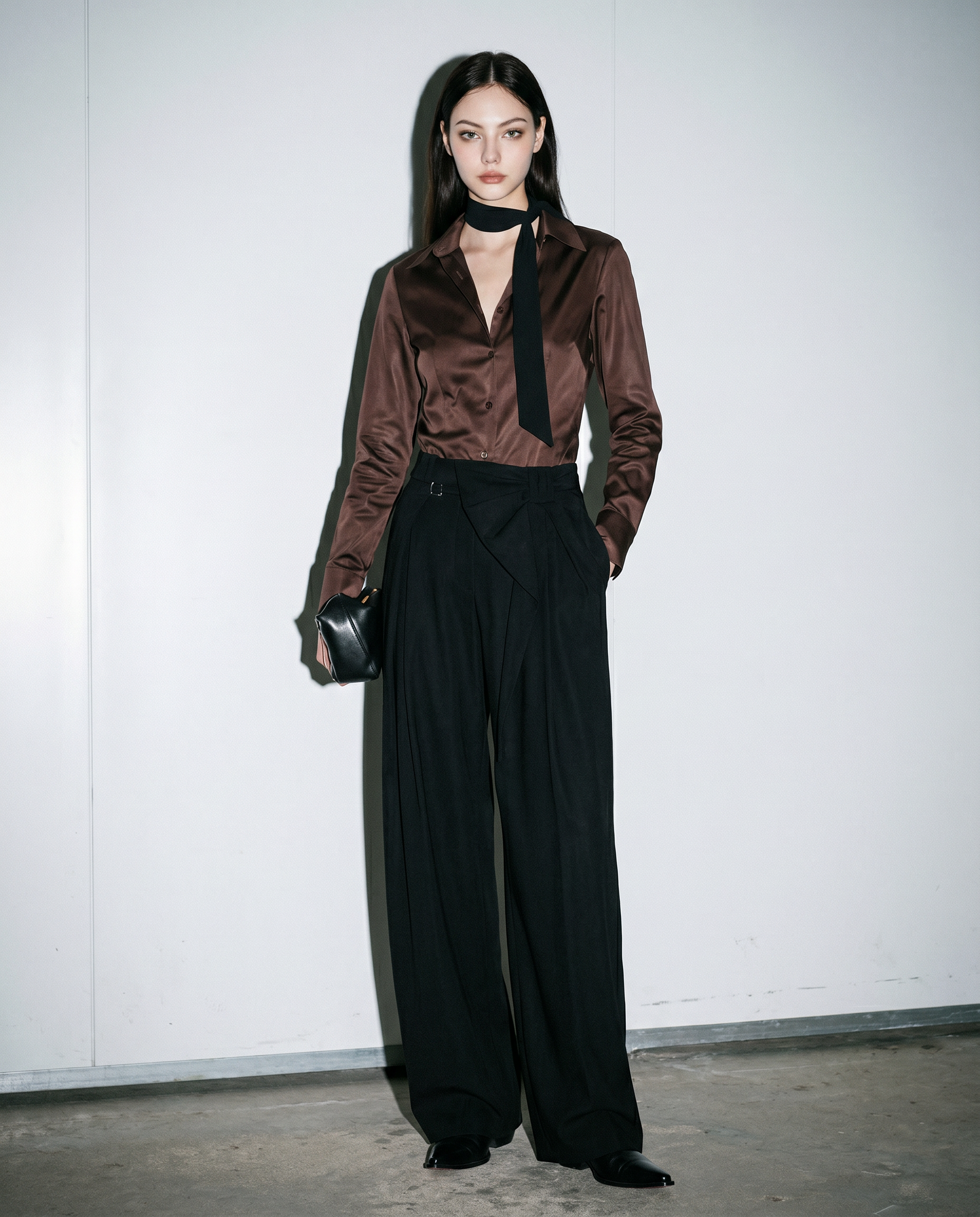 Pleated Bow Detail Wide Leg Trousers-10