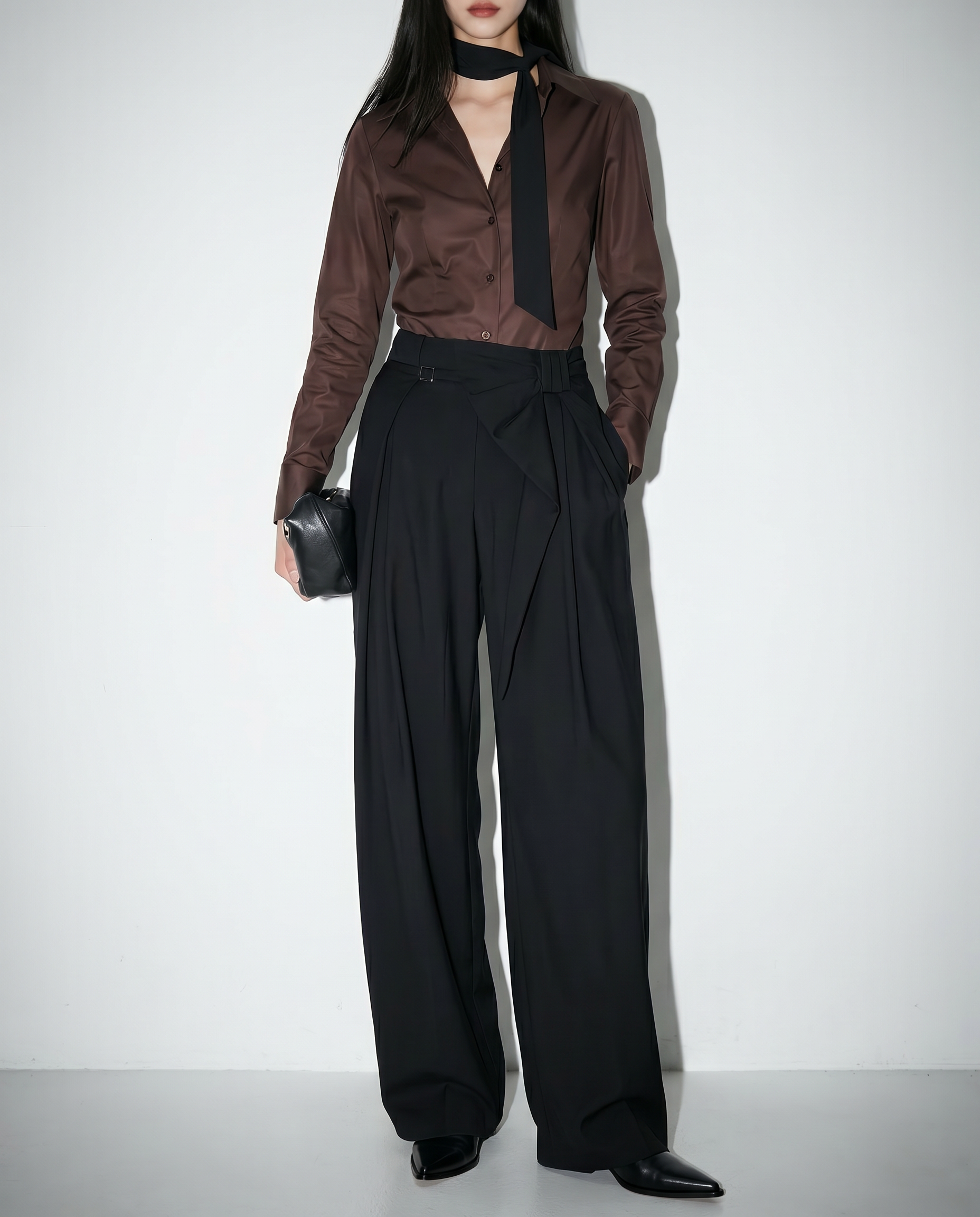 Pleated Bow Detail Wide Leg Trousers-2