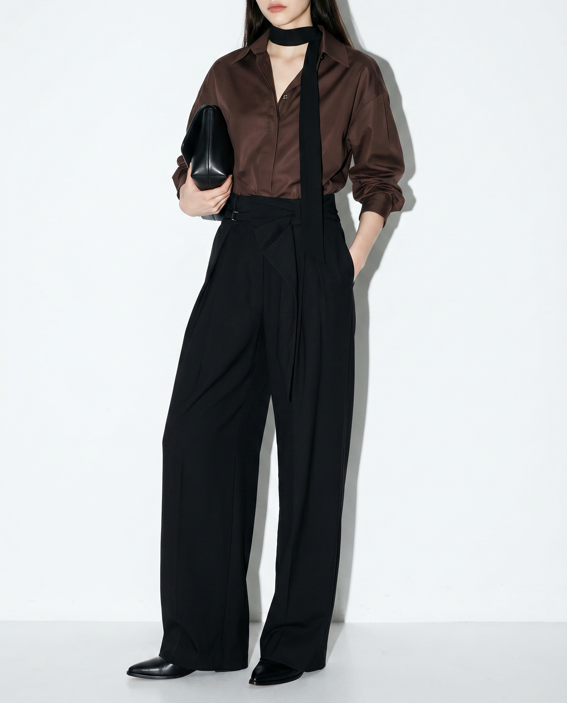 Pleated Bow Detail Wide Leg Trousers-3